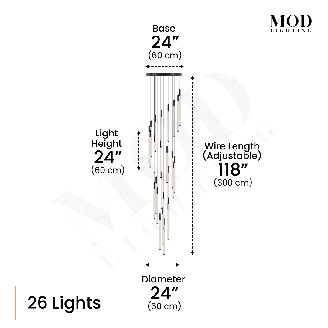 Kasper black cascading light-bar chandelier, 26 slim vertical rods, dimension diagram: 24" base, 118" wire