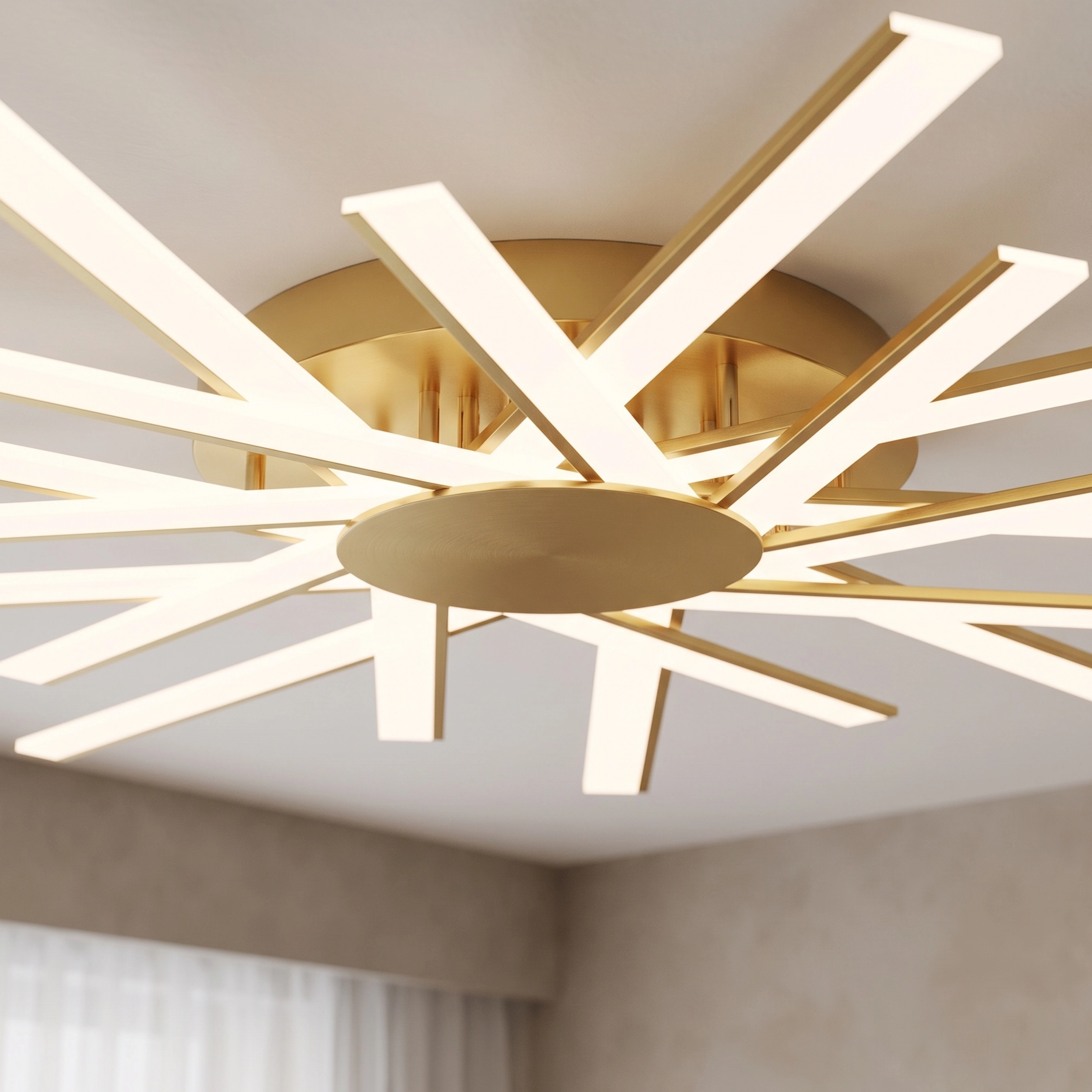 Sparkle ceiling light, gold sunburst LED fixture in a living room; available in three sizes