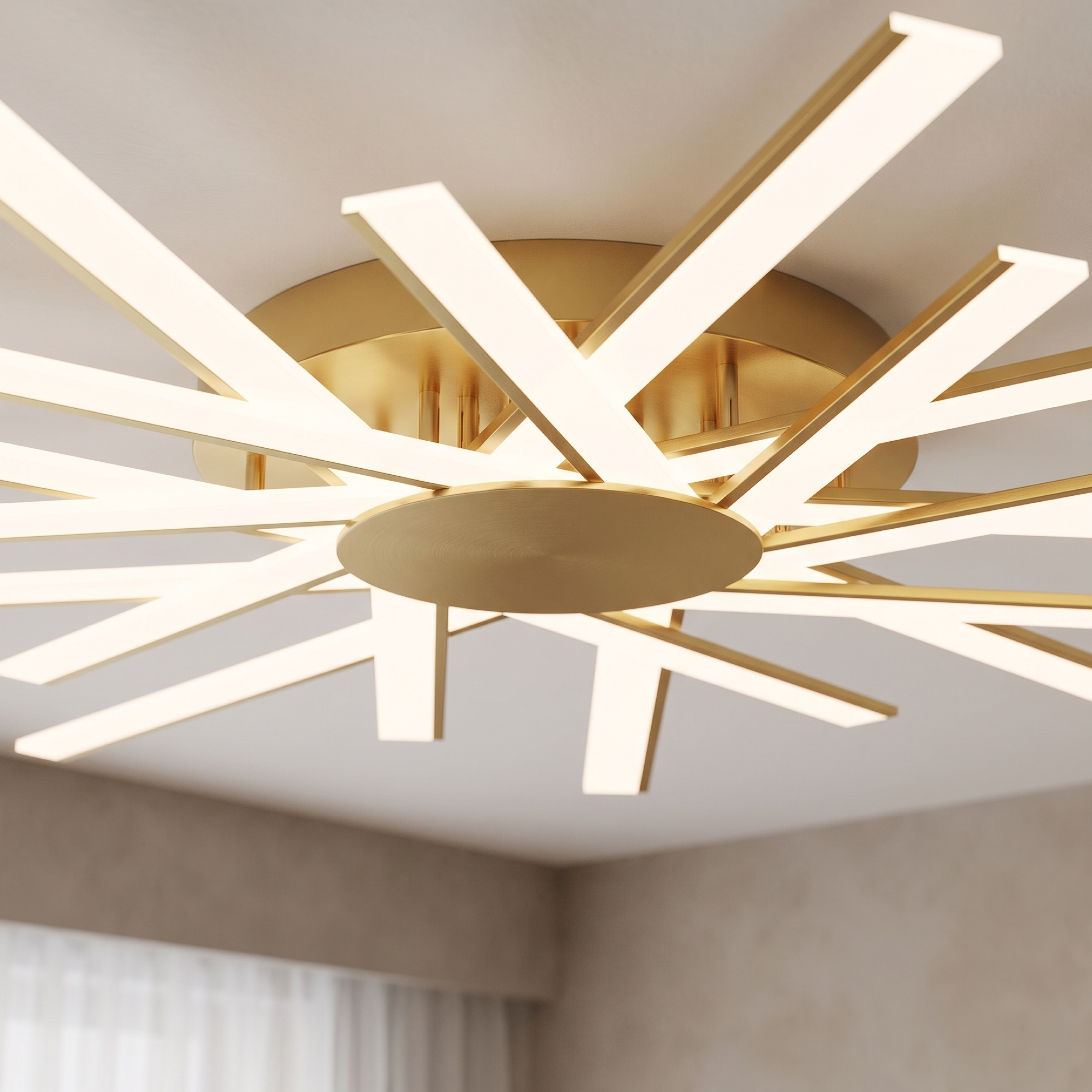 Sparkle ceiling light, gold sunburst LED fixture in a living room; available in three sizes
