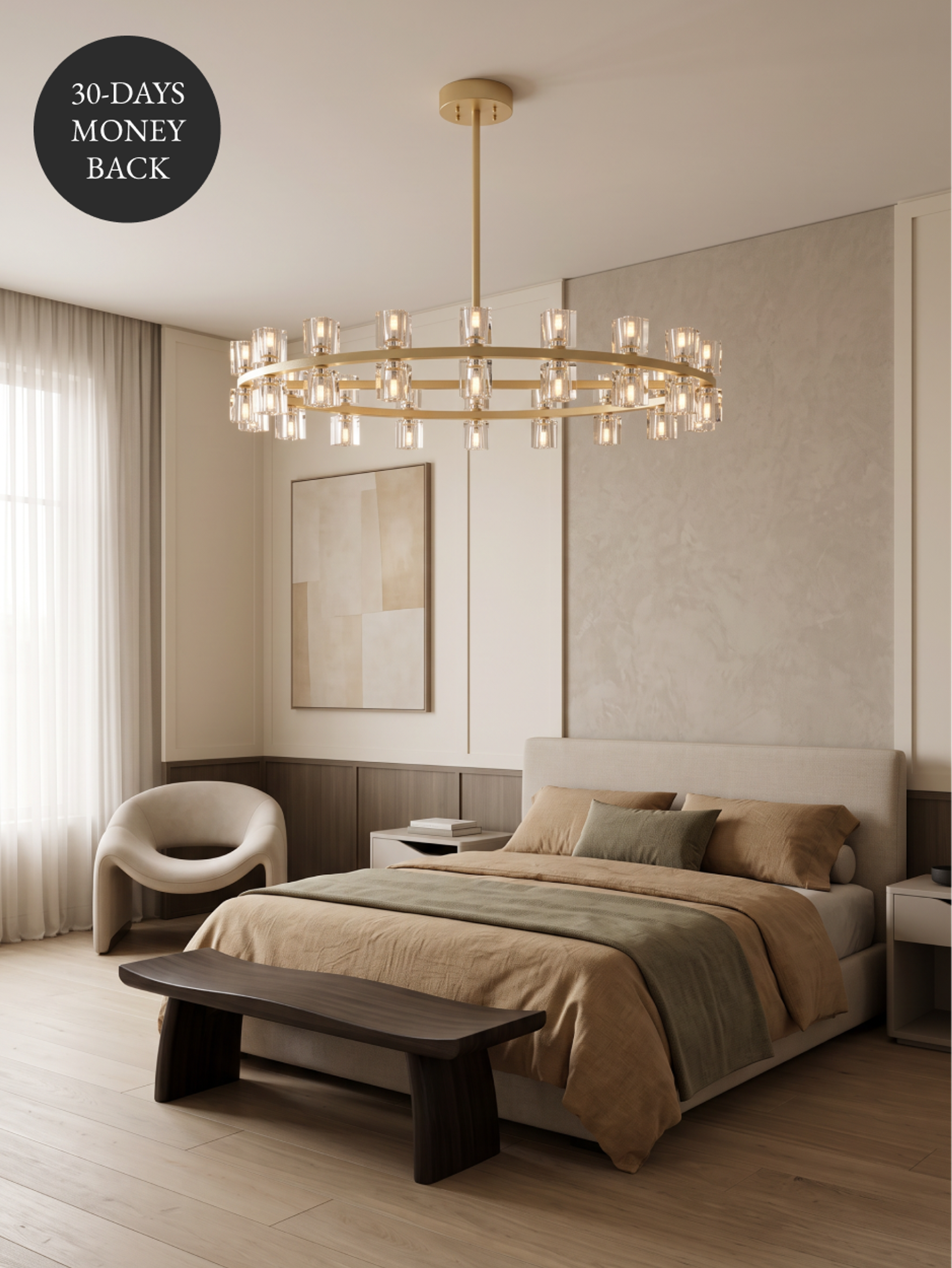 Gold ring chandelier above a bedroom, with a 30 day money back 