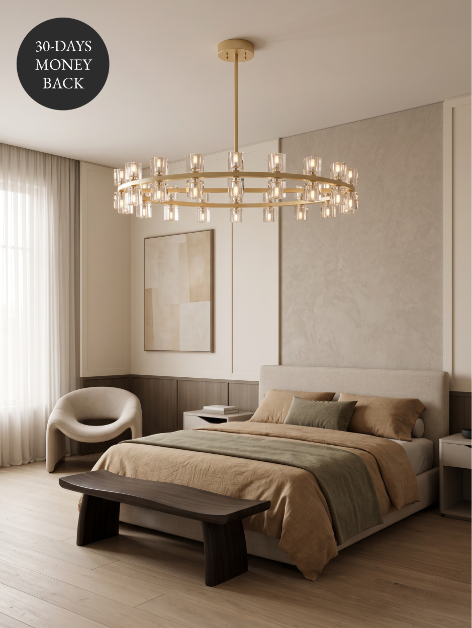 Gold ring chandelier above a bedroom, with a 30 day money back