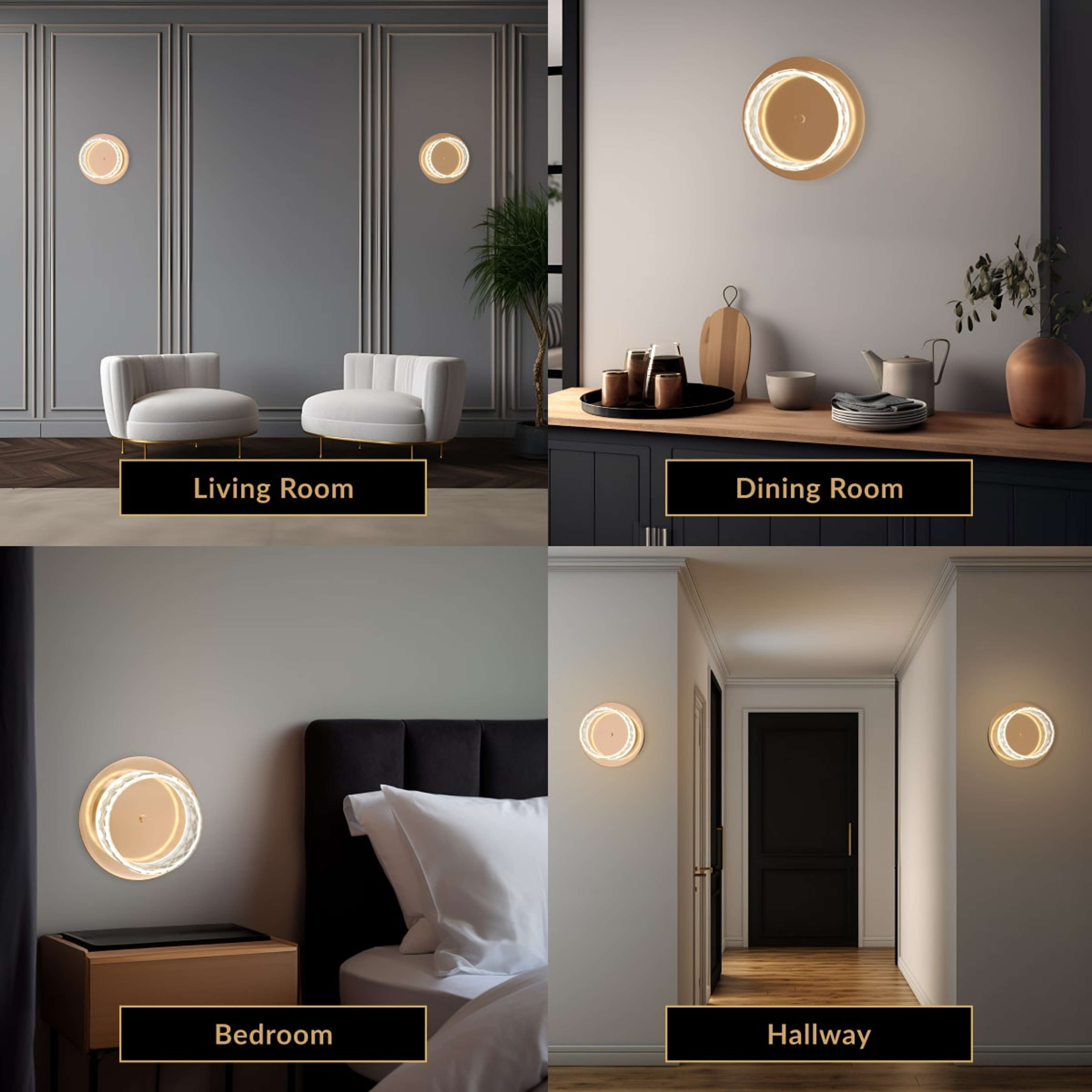 Emma round wall sconce, gold and pearl-black crystal ring, shown lit in living, dining, bedroom and hallway settings
