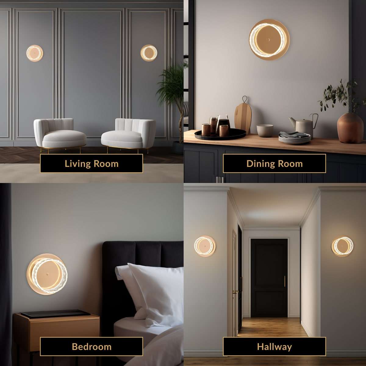 Emma round wall sconce, gold and pearl-black crystal ring, shown lit in living, dining, bedroom and hallway settings