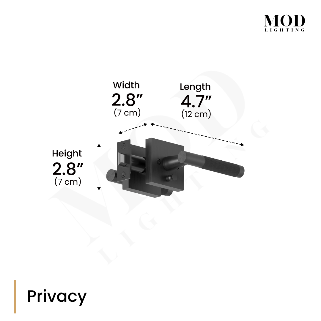 Modern Door Handle privacy set dimension diagram in black, lever 4.7 in long, rose 2.8 in