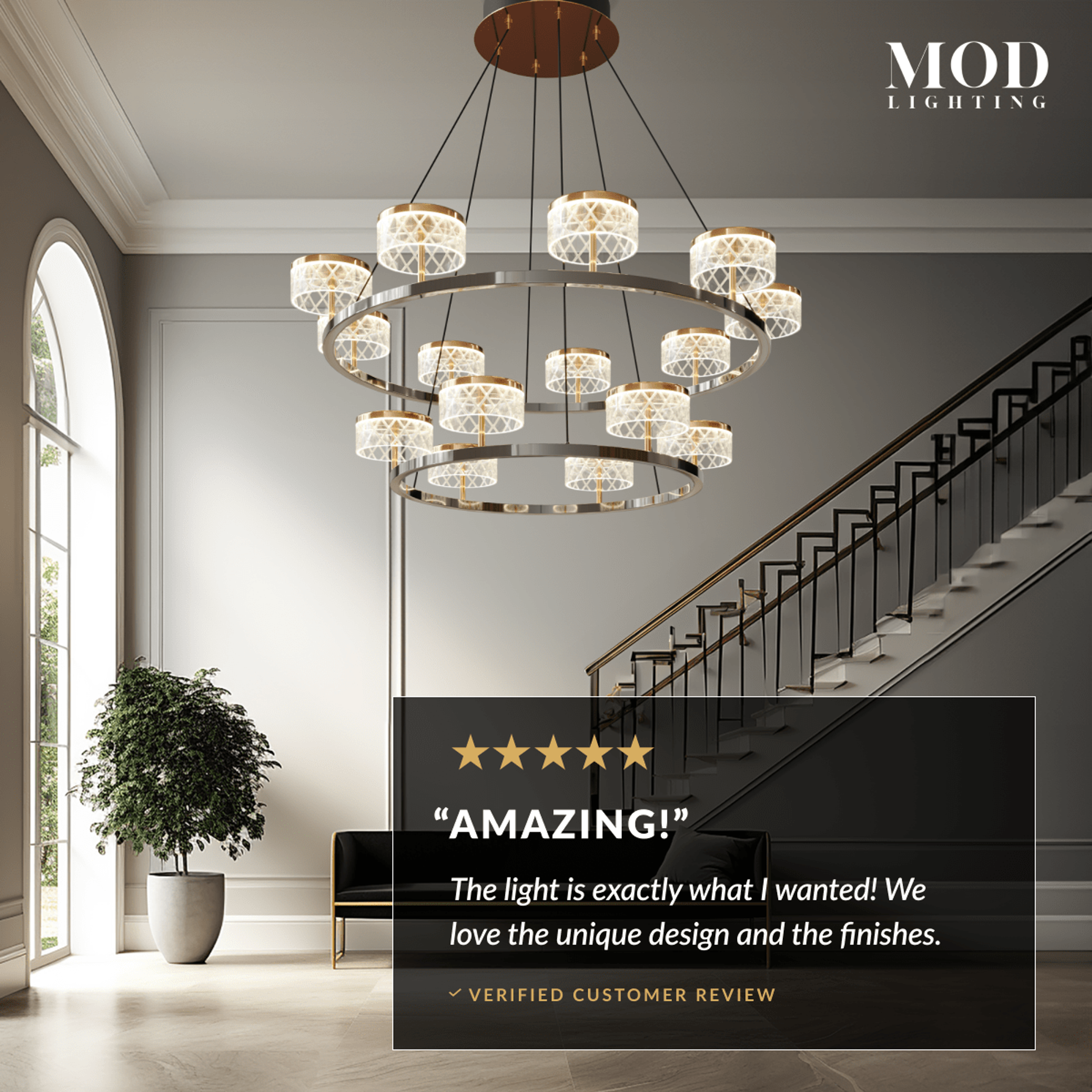 Emma two-tier crystal drum chandelier hanging in a two-story stairwell, with a five-star customer review overlay