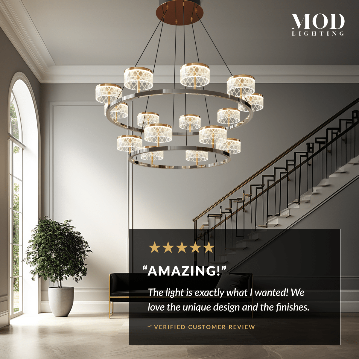 Emma two-tier crystal drum chandelier hanging in a two-story stairwell, with a five-star customer review overlay