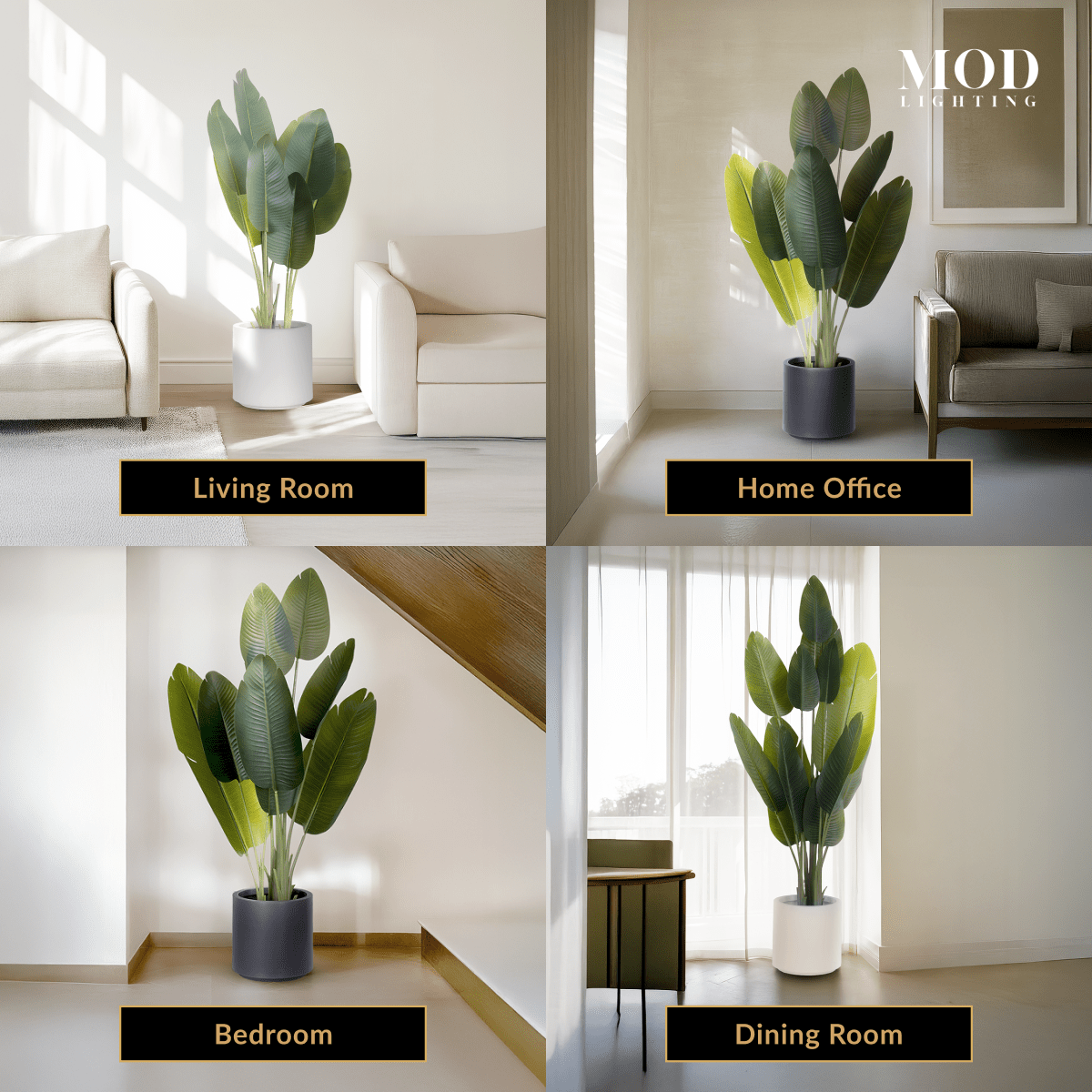 Bird of Paradise artificial plant in white and grey pots, staged in a living room, office, bedroom and dining room