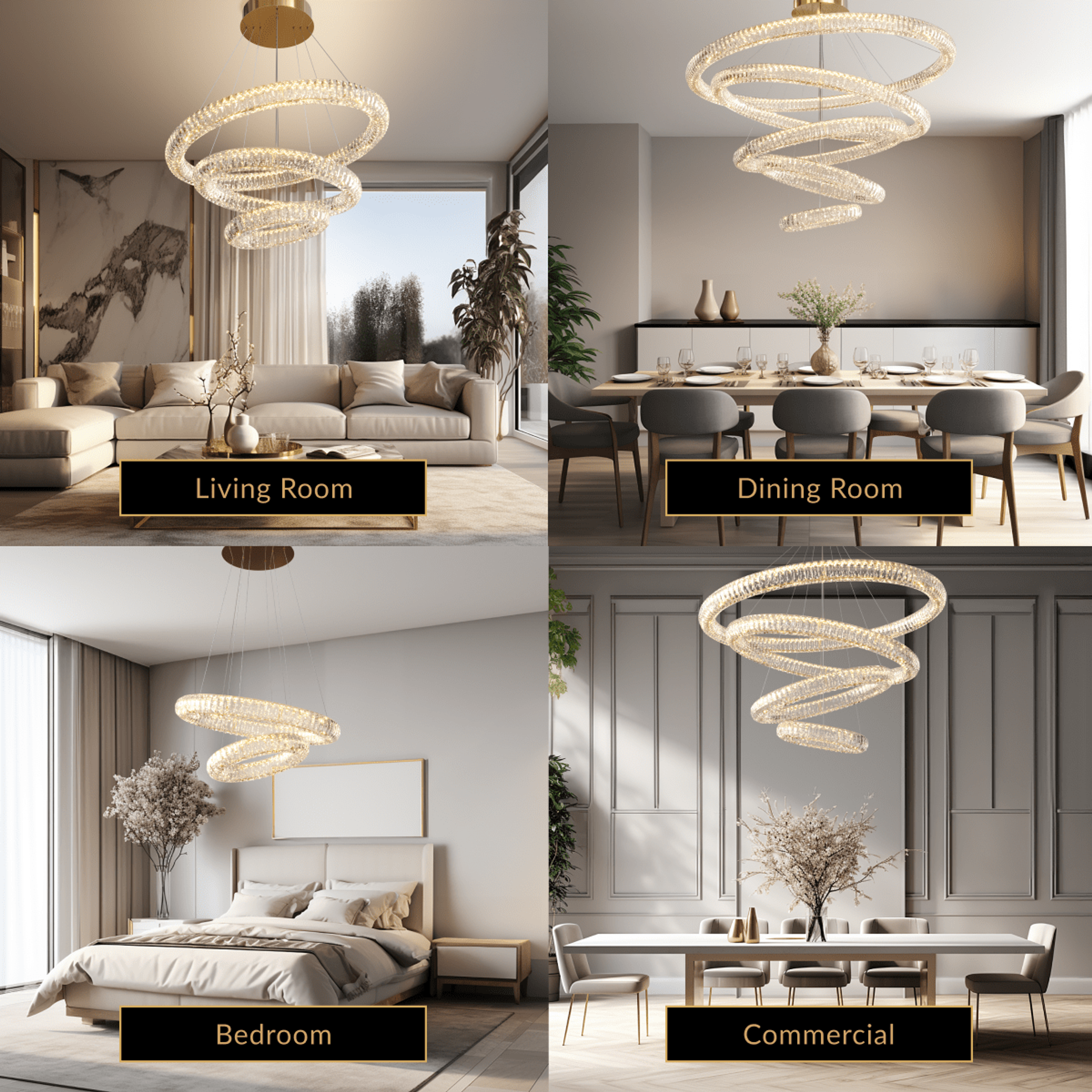 Arina gold crystal chandelier shown in living room, dining room, bedroom and commercial settings