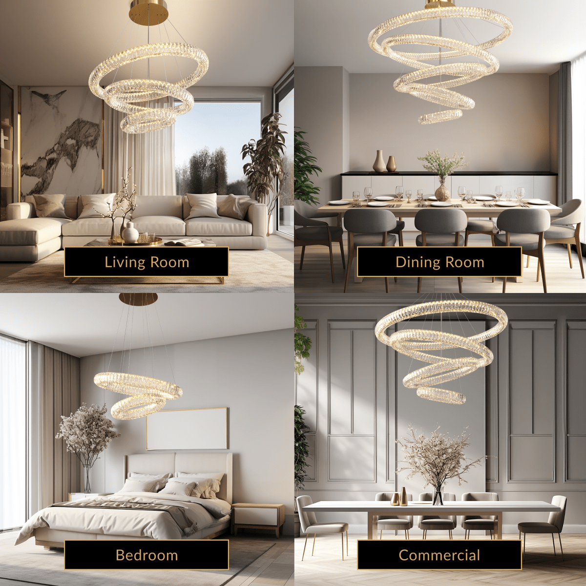Arina gold crystal chandelier shown in living room, dining room, bedroom and commercial settings