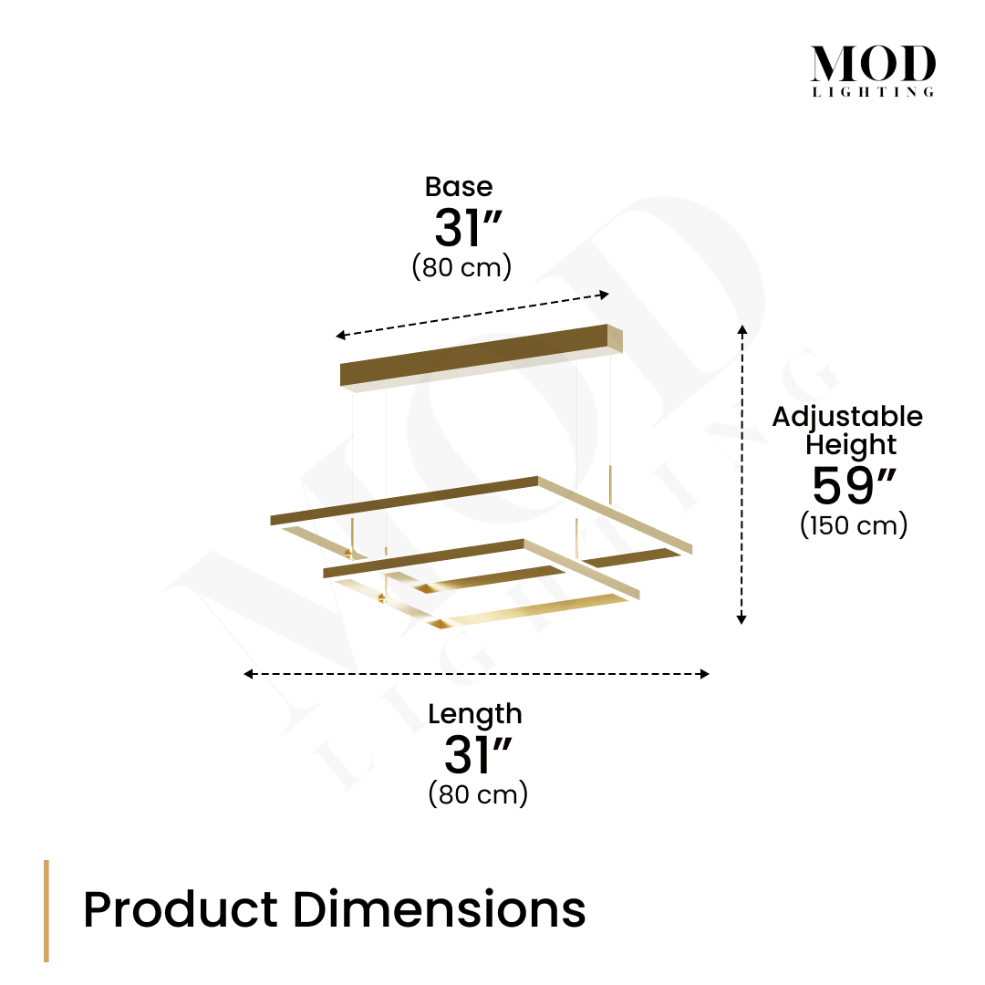 Arcade gold stacked square LED chandelier dimension diagram, 31in length, 31in base, adjustable 59in drop