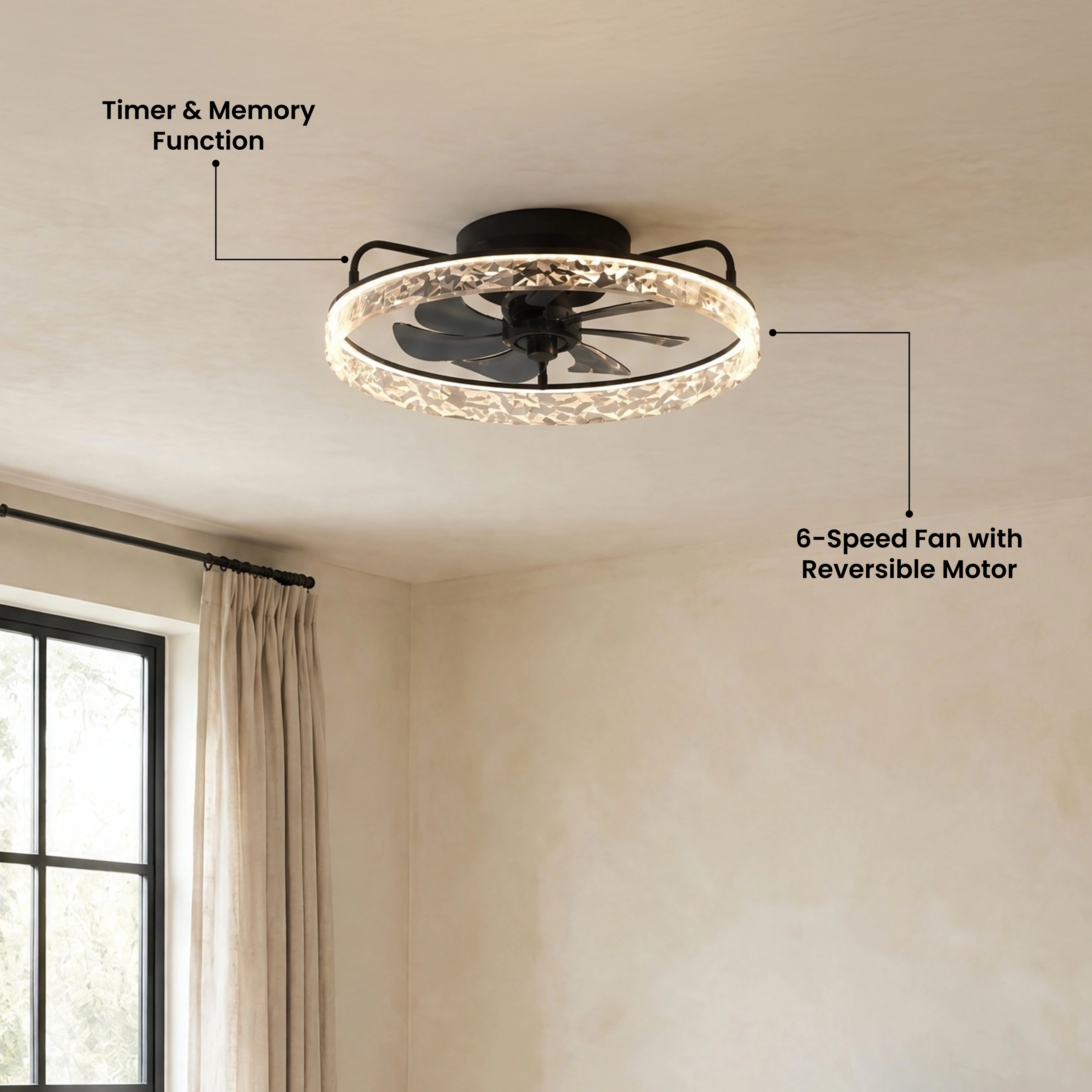 Ventara crystal-ring ceiling fan light with airflow arrows, highlighting 6 adjustable wind speeds