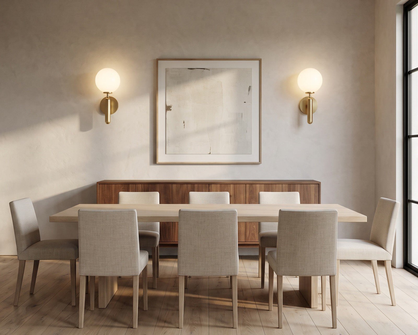 A pair of Angelica sconces above a dining sideboard
