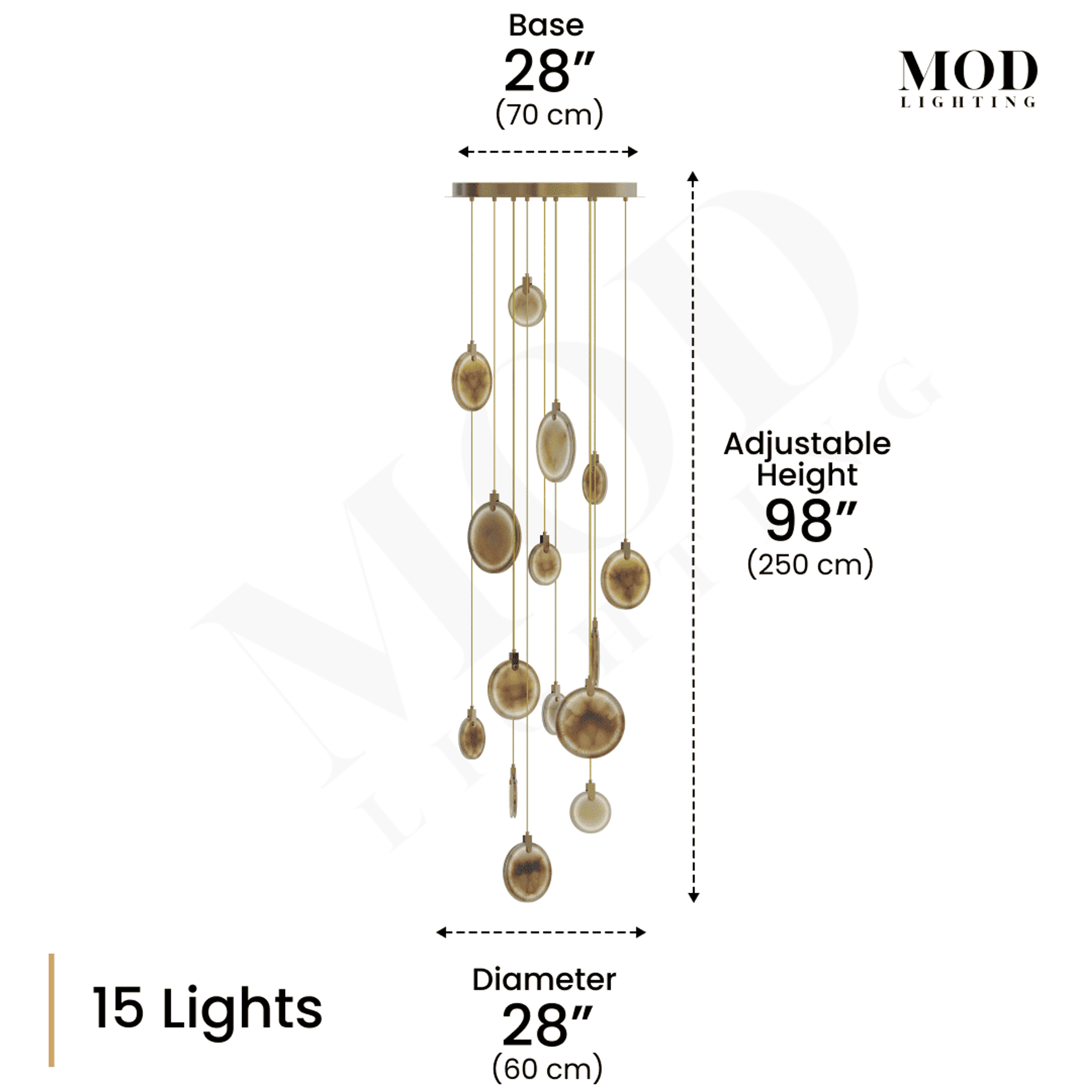 Marble gold-and-alabaster disc pendant, 15-light cluster dimension diagram: 28" base, 98" adjustable height