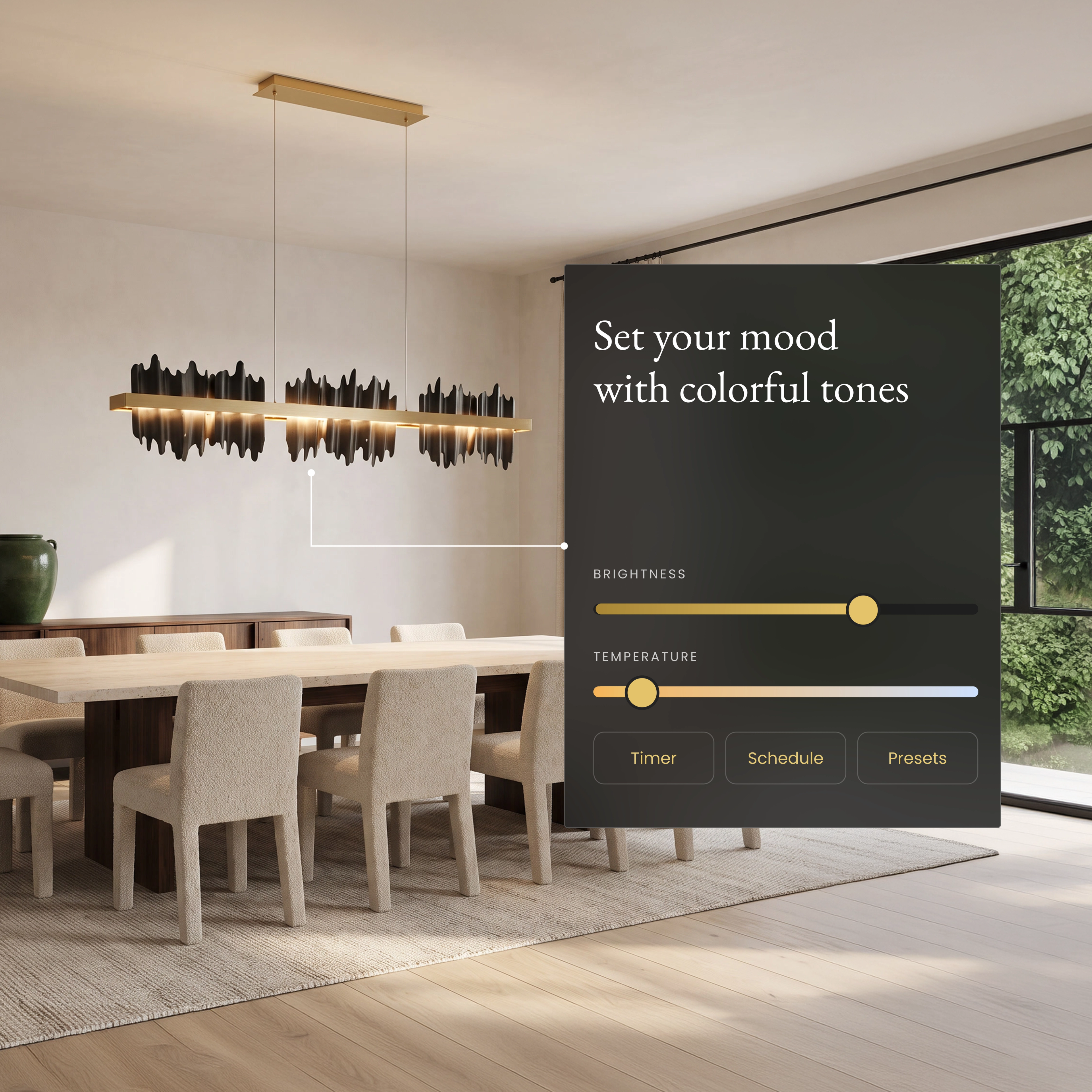 Aurelius Pendant Smart over a dining table with the app brightness and color temperature sliders