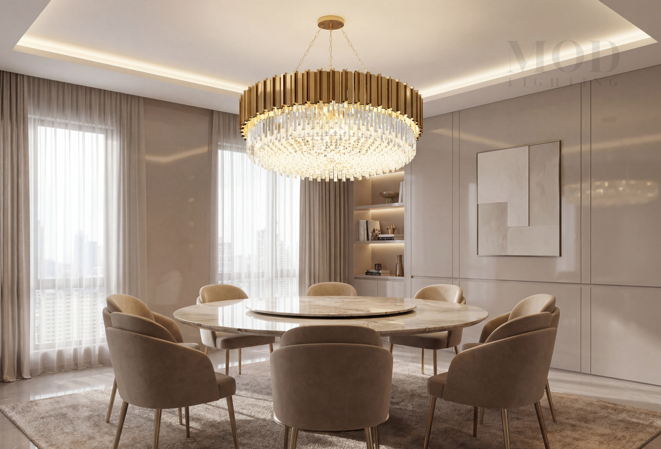 A fully styled modern dining room with a statement chandelier