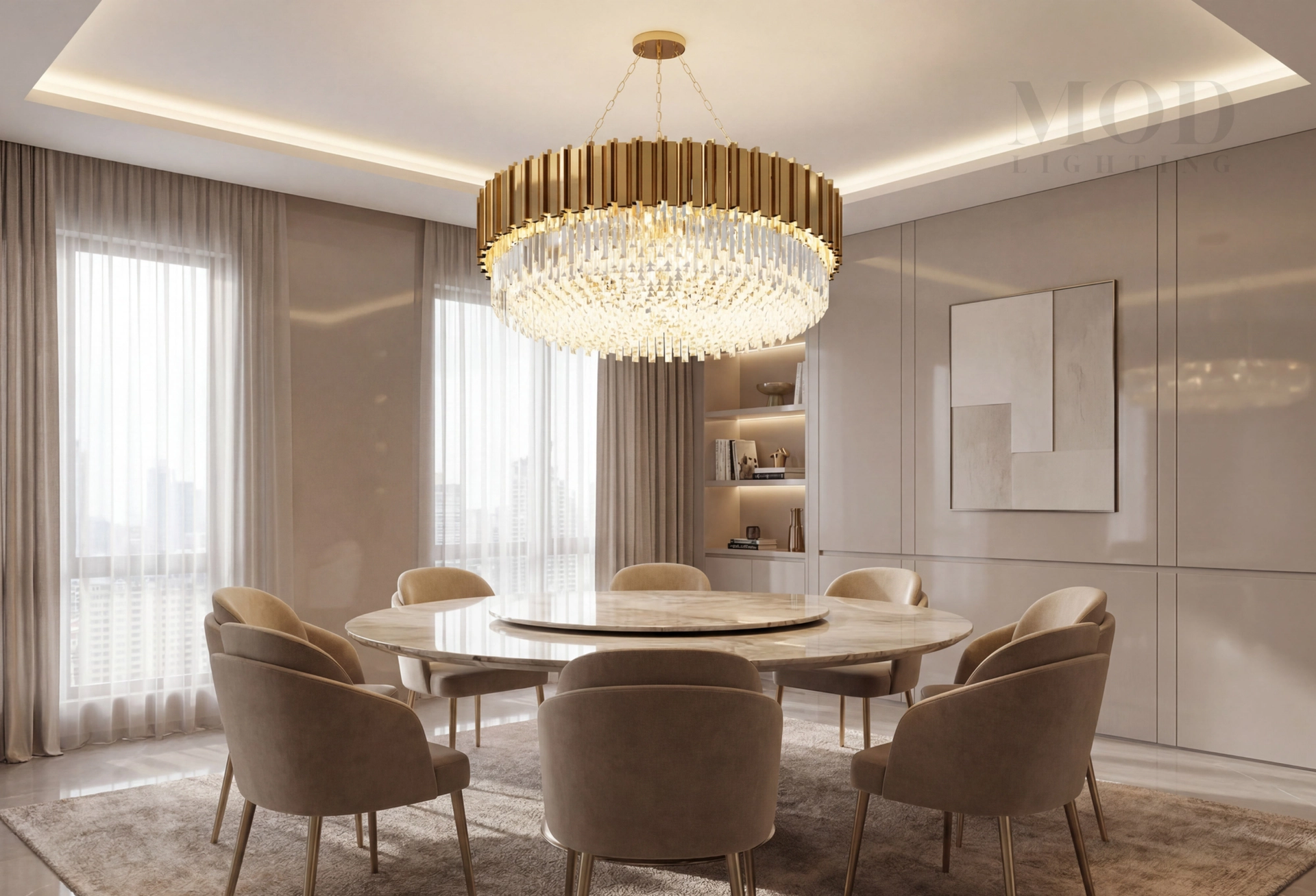 A fully styled modern dining room with a statement chandelier