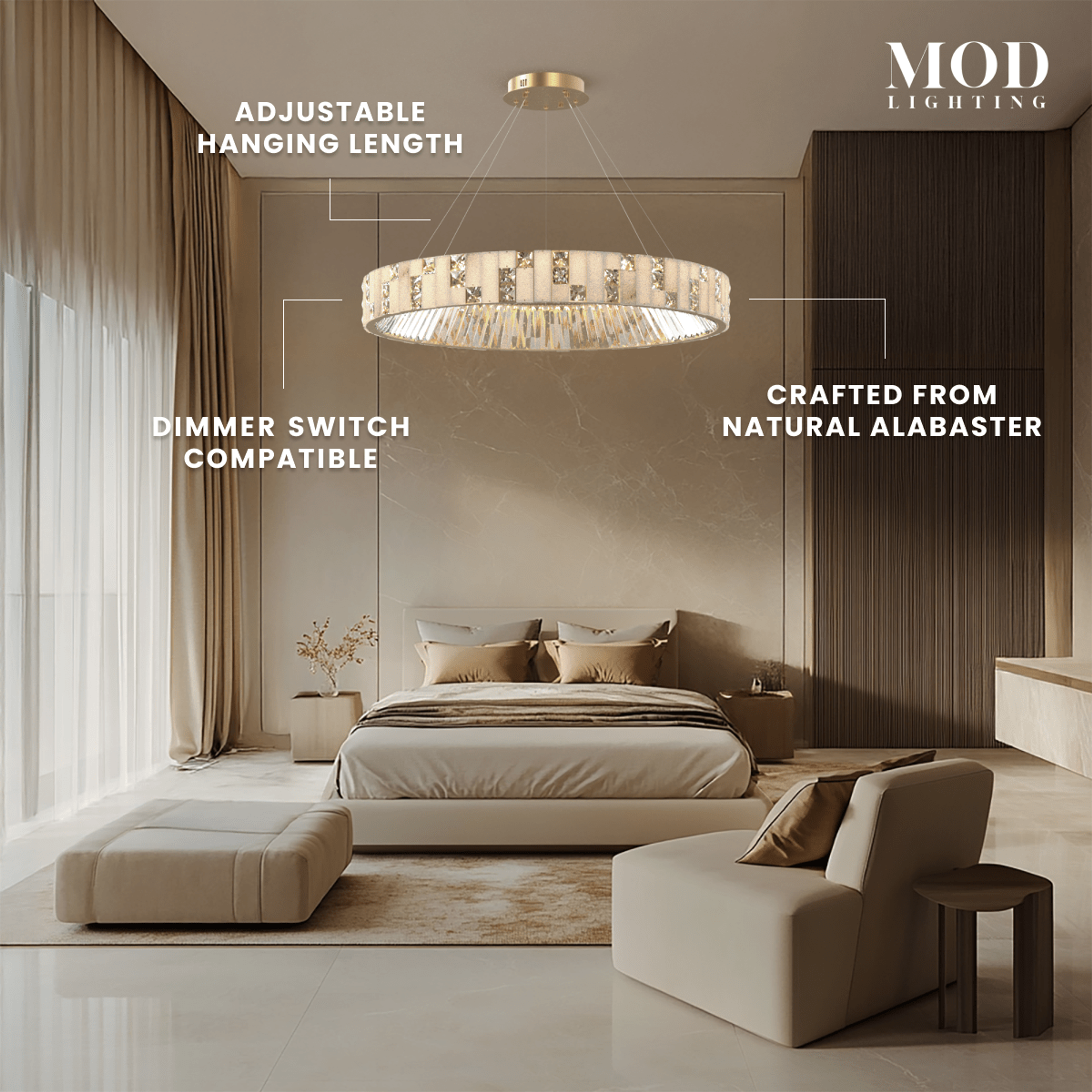Seraphine gold and crystal alabaster drum chandelier suspended over a bed in a warm-toned bedroom