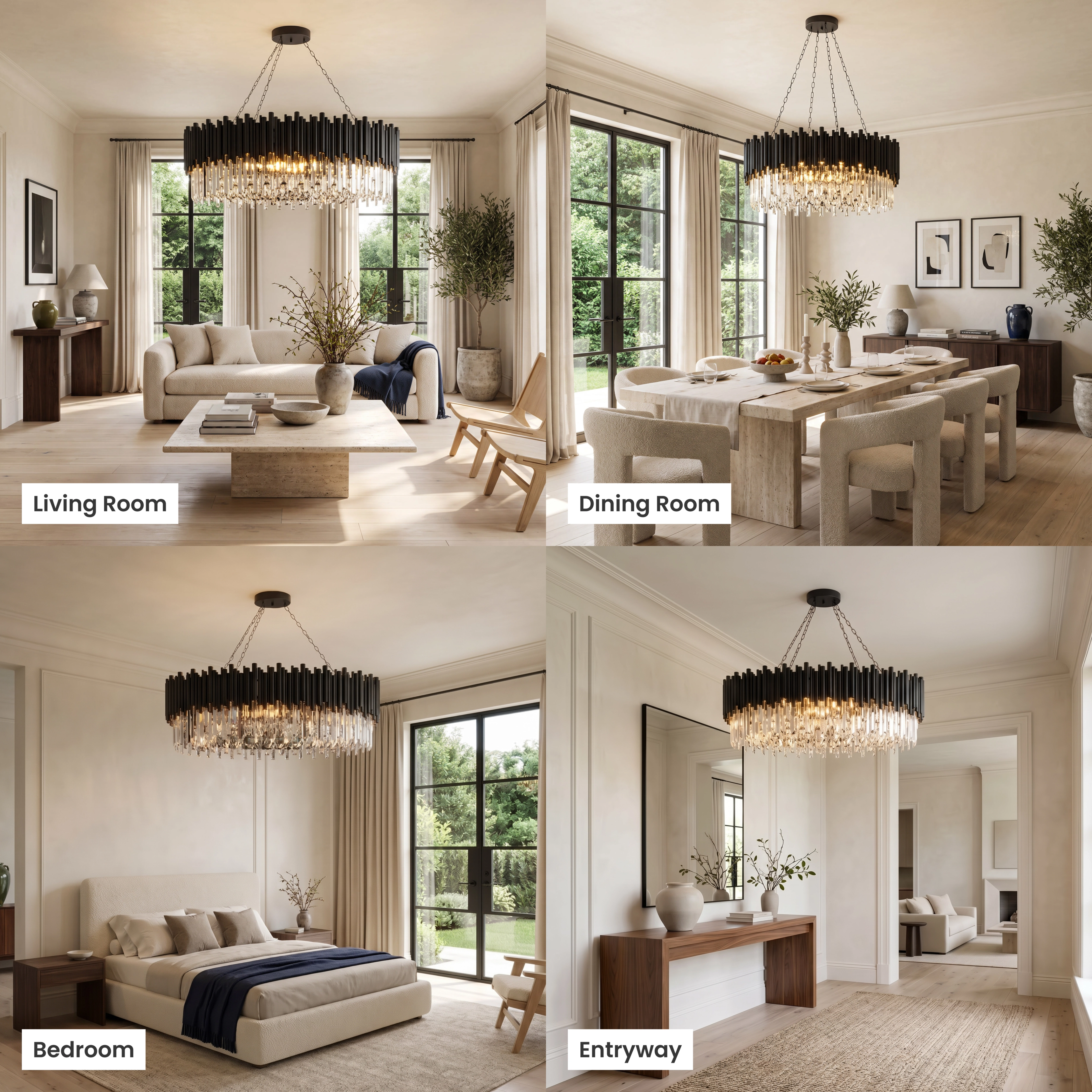 Obsidian crystal chandelier, round tiered fixture of black crystal spikes over a living, dining and bedroom
