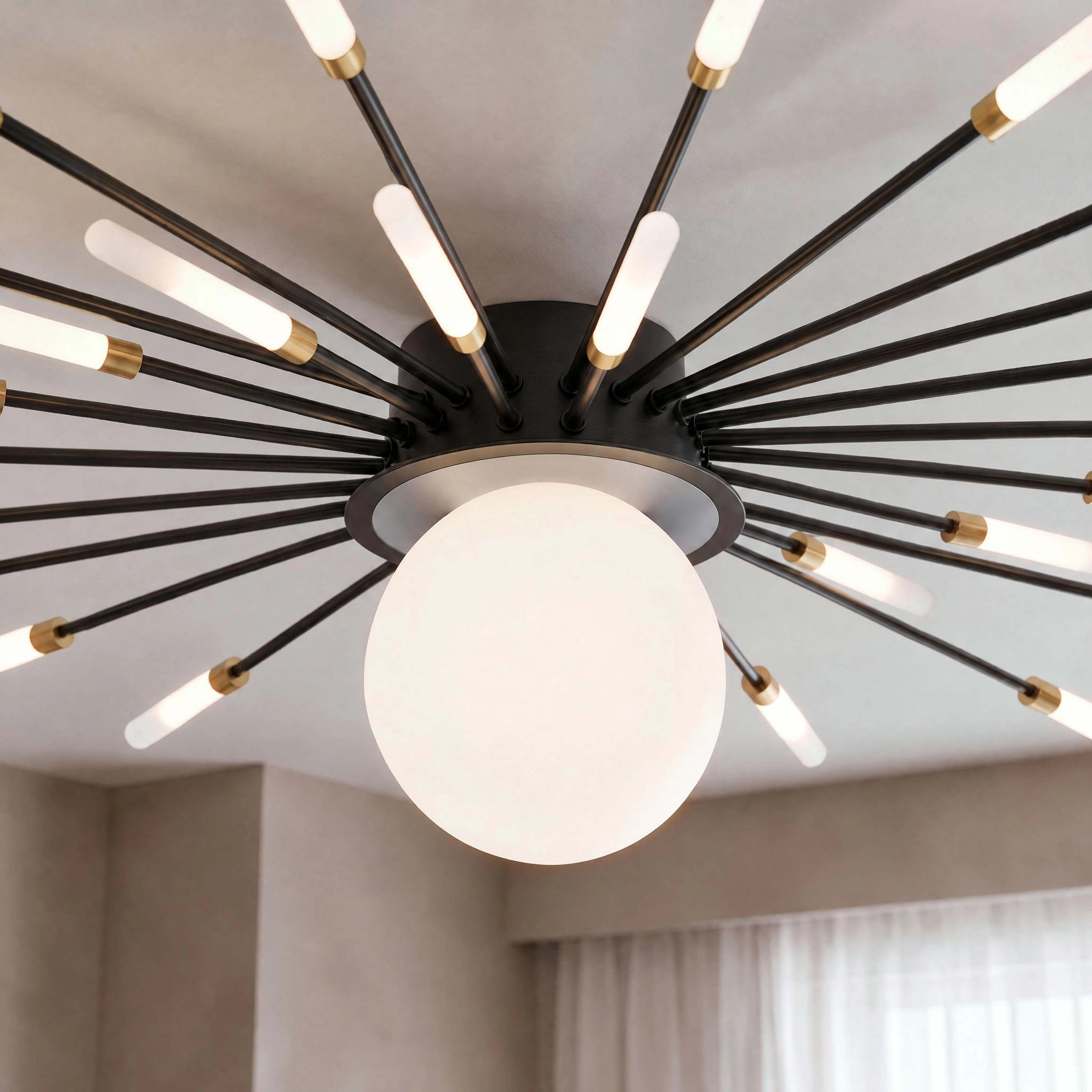Seashell black spiral ceiling light in warm white 3000K over a bed in a modern bedroom