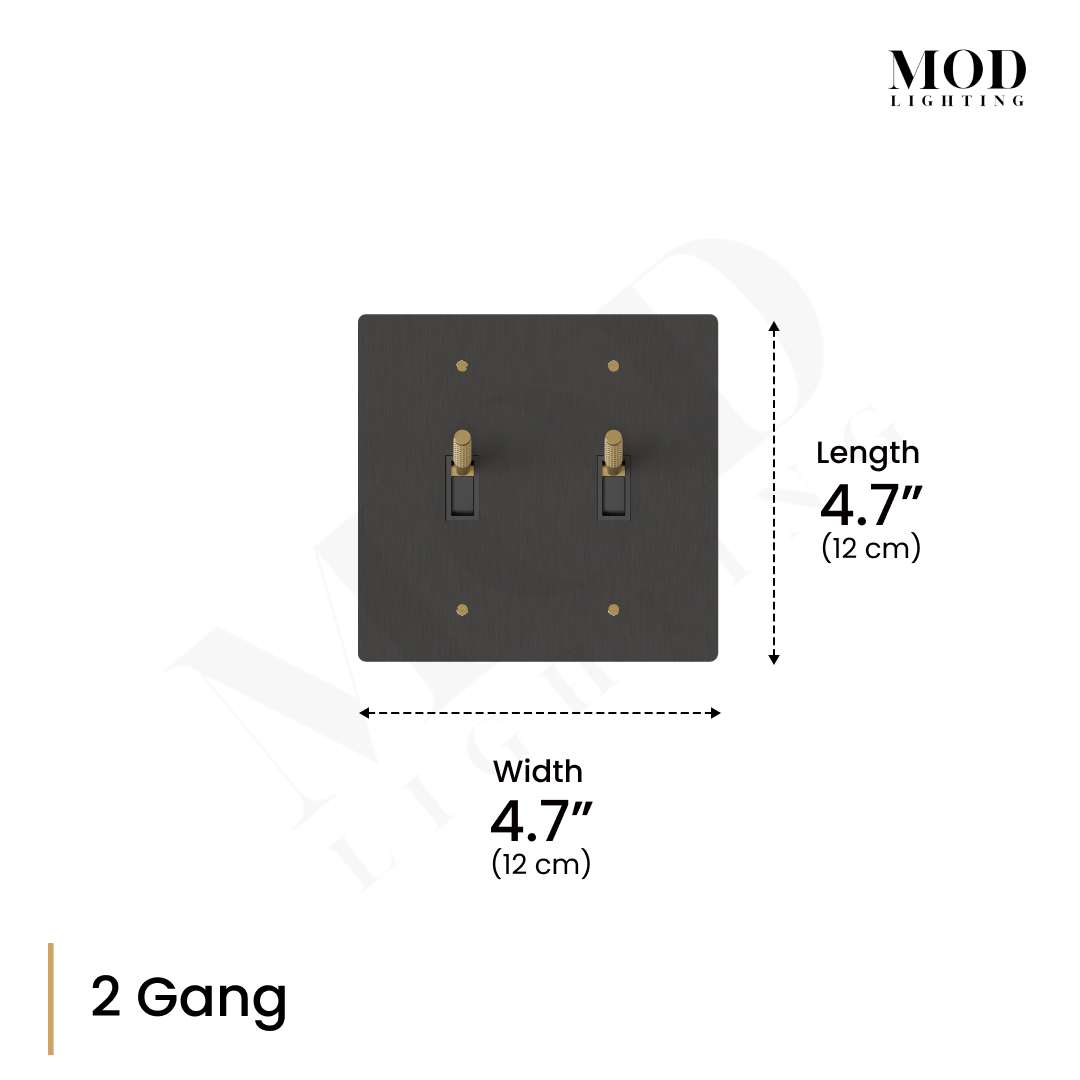 Modern Toggle Switch matte-black 2-gang dimension diagram, 4.7" square plate