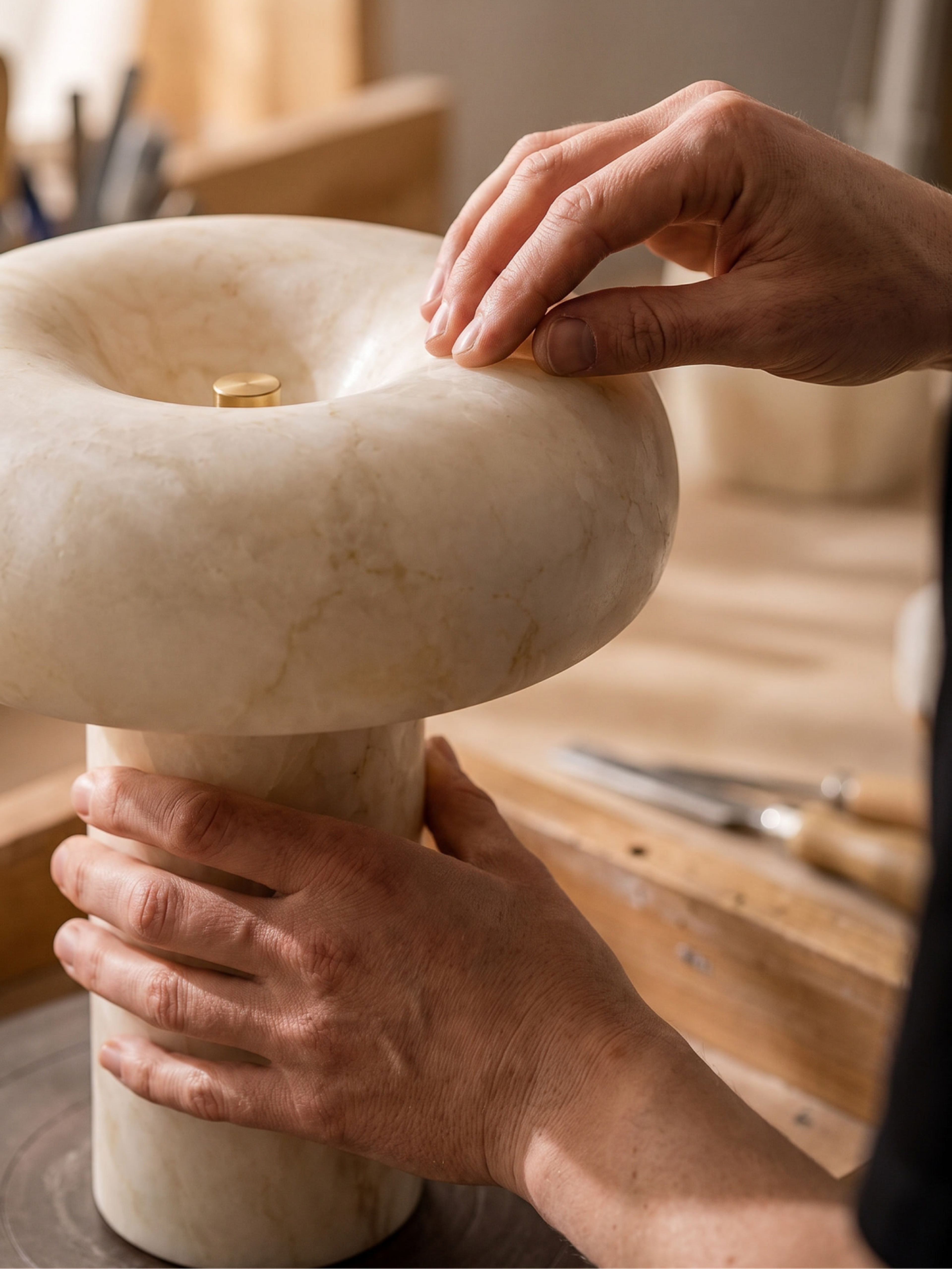 Artisan hands shaping an alabaster lamp base at a workbench