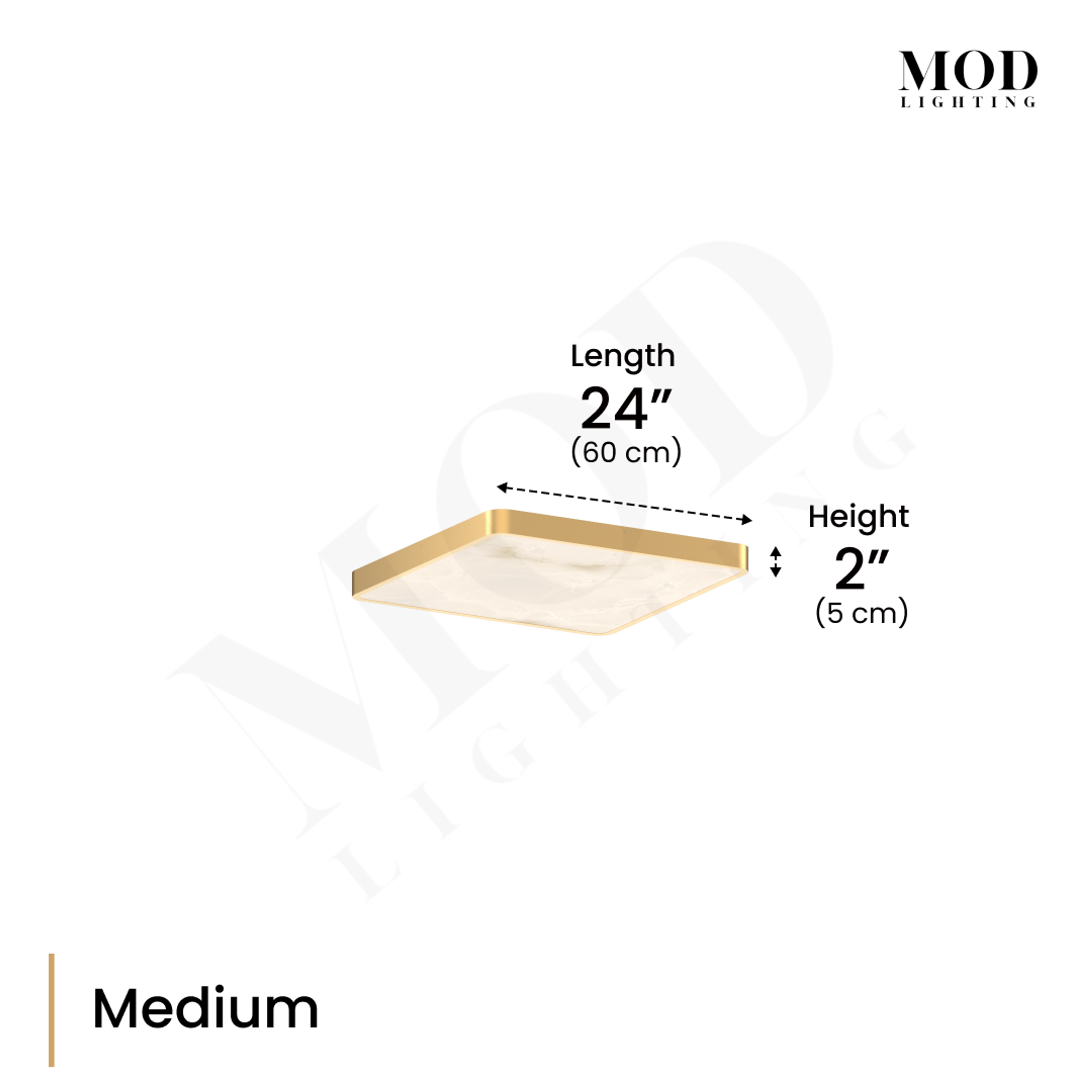 Selene ceiling light dimension diagram, gold-rimmed square alabaster panel, 24 inch length and 2 inch height, medium