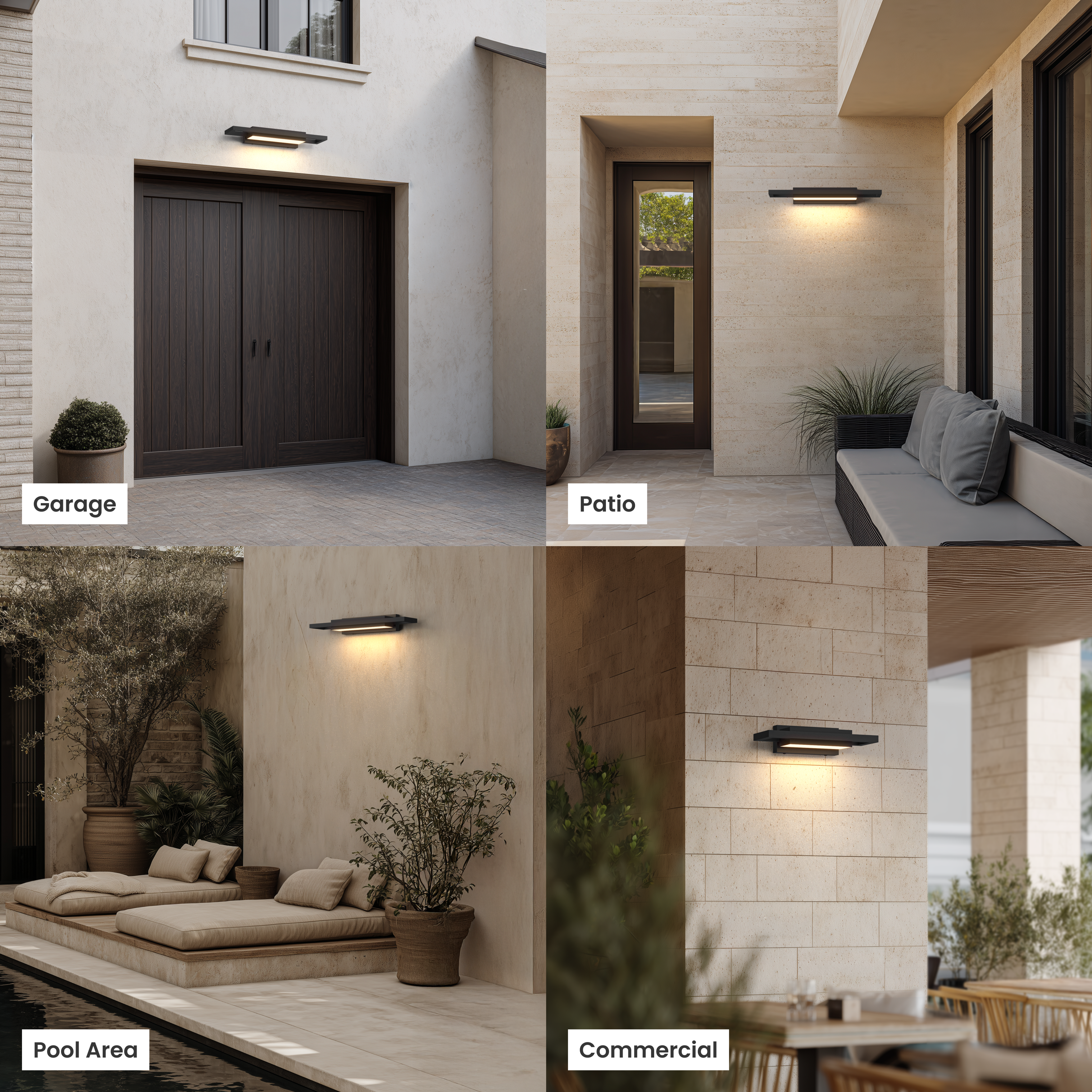 Brooklyn Smart black stainless outdoor sconce shown at a garage, patio, pool area and commercial building