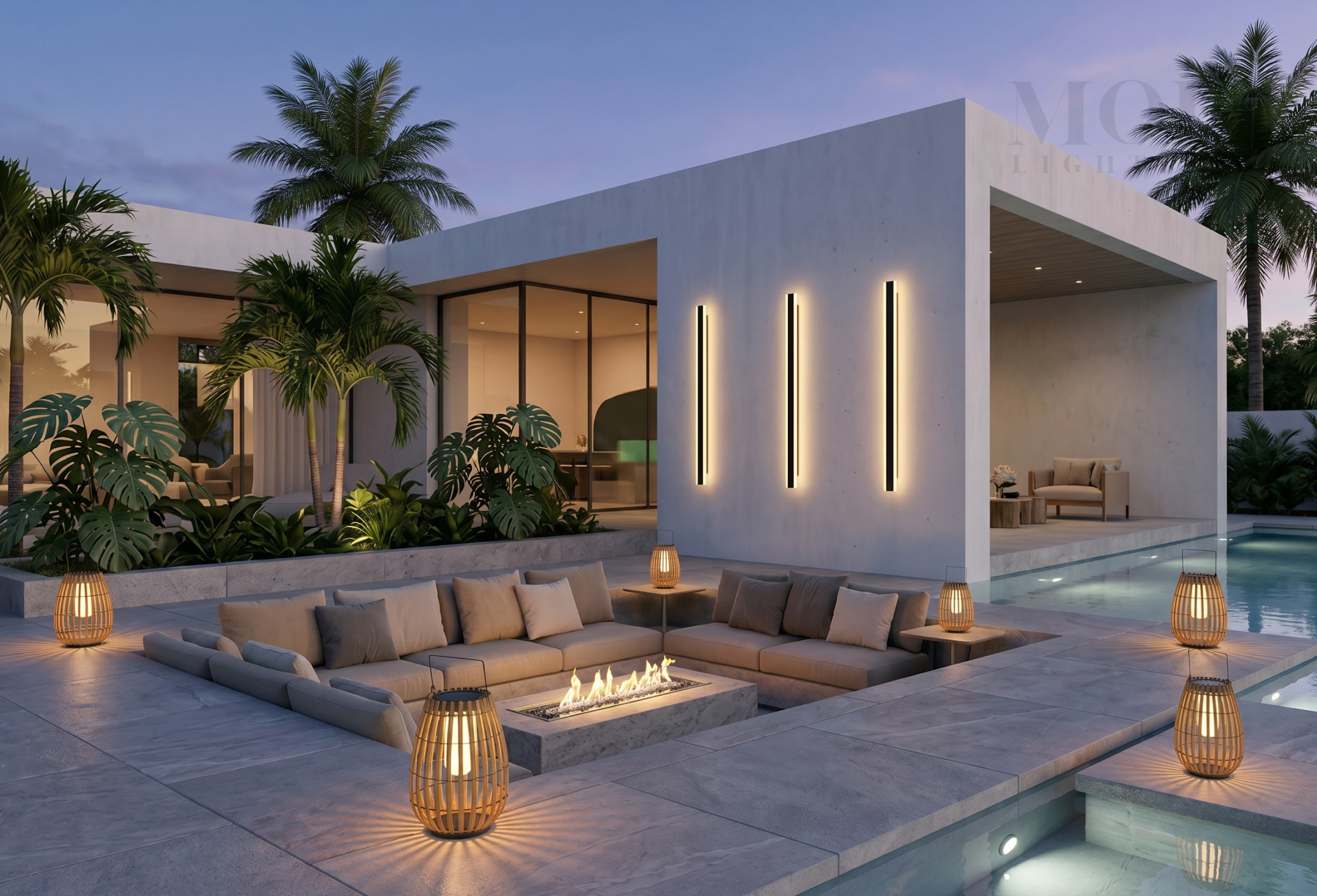 Luxury outdoor entertaining area at night with layered warm lighting