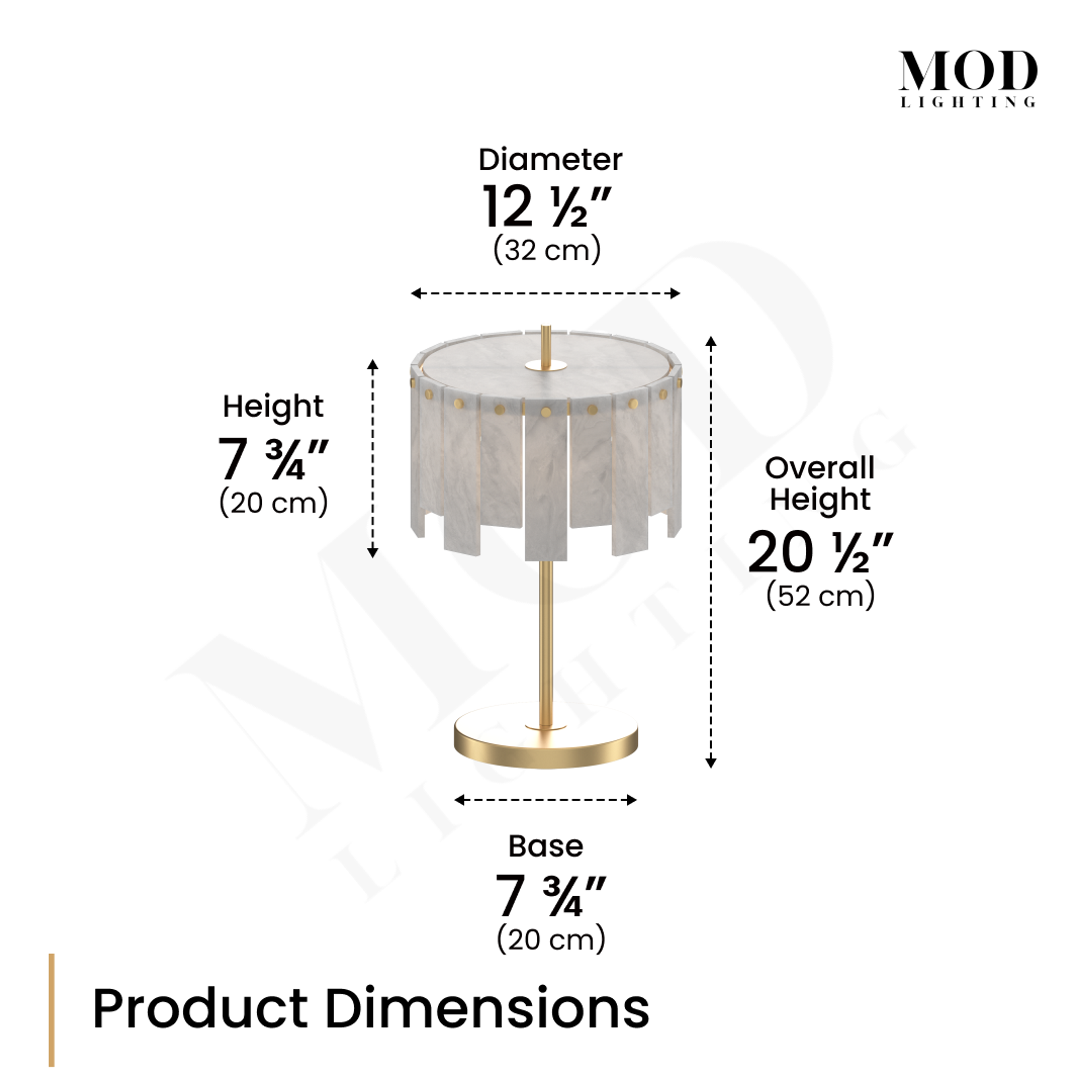 Velina Table Lamp dimension diagram: 12 1/2in shade diameter, 20 1/2in overall height, 7 3/4in base