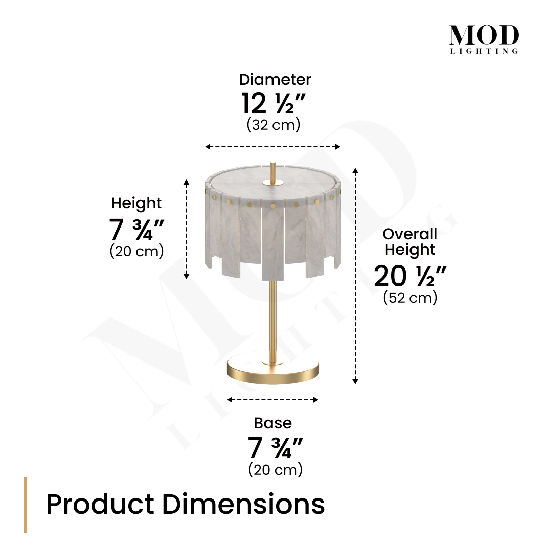 Velina Table Lamp dimension diagram: 12 1/2in shade diameter, 20 1/2in overall height, 7 3/4in base
