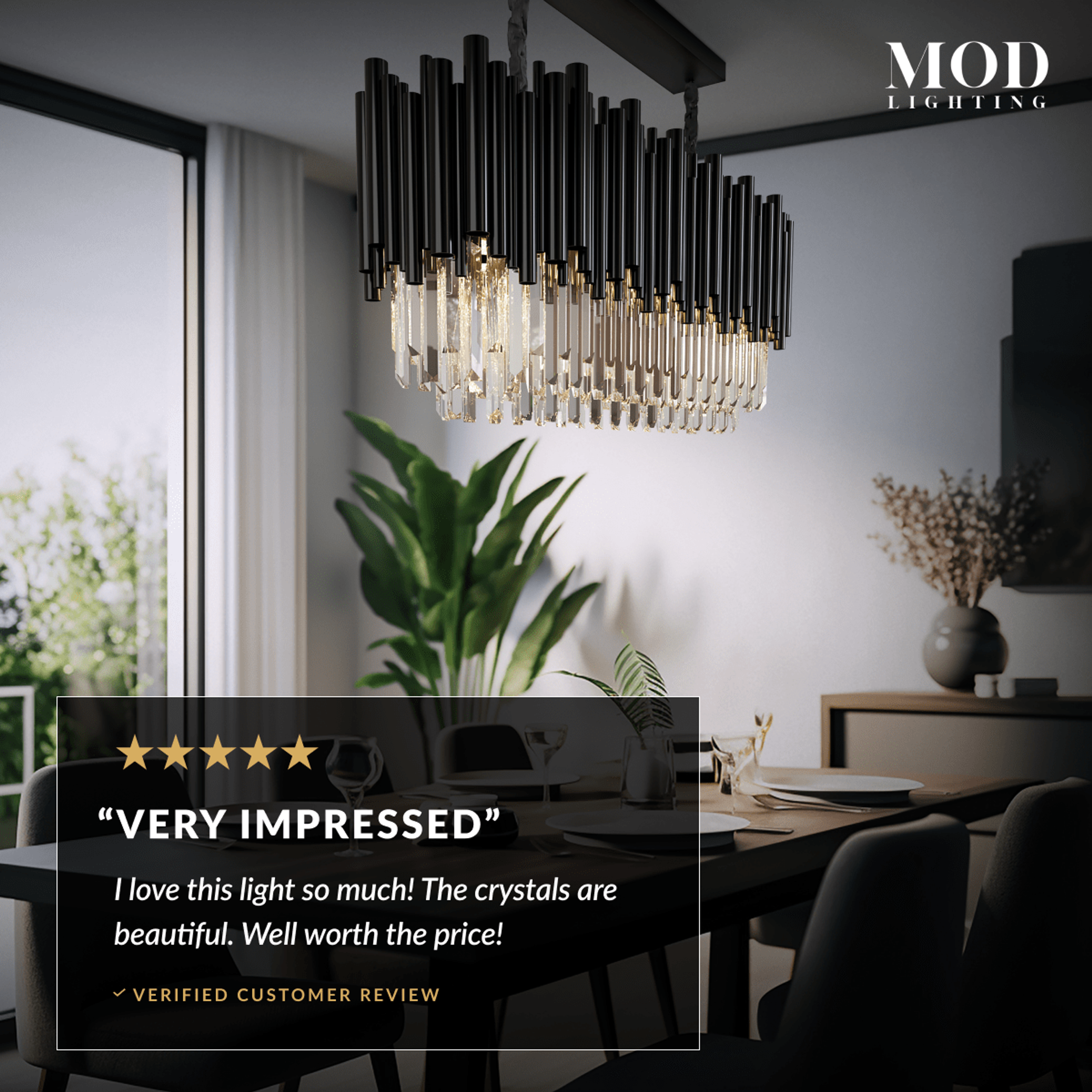Obsidian Pendant black linear crystal chandelier over a dark desk, with a five-star customer review