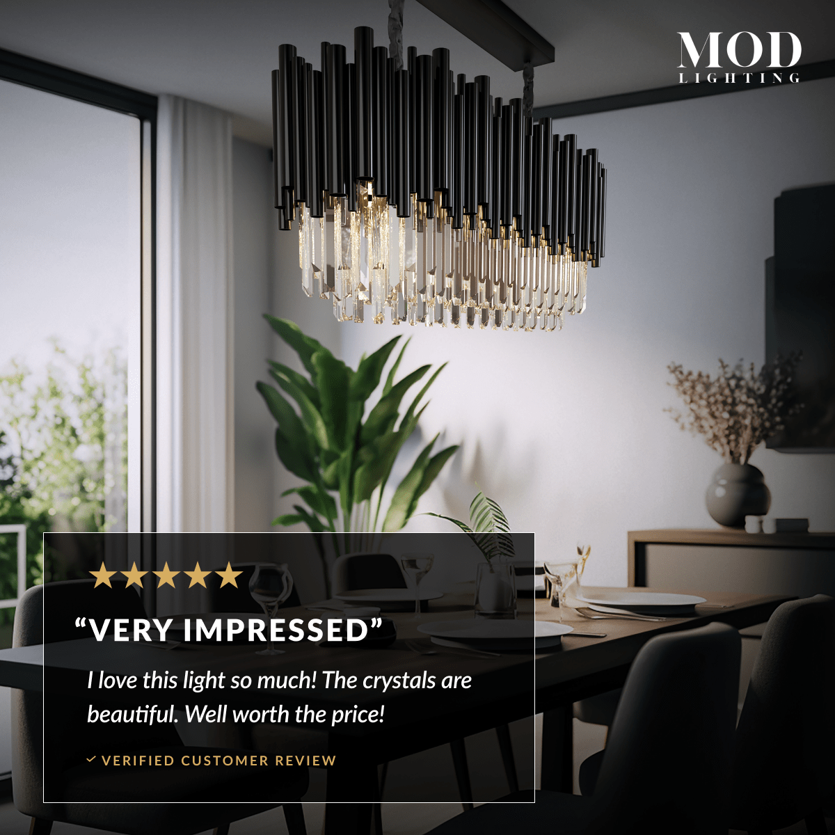 Obsidian Pendant black linear crystal chandelier over a dark desk, with a five-star customer review