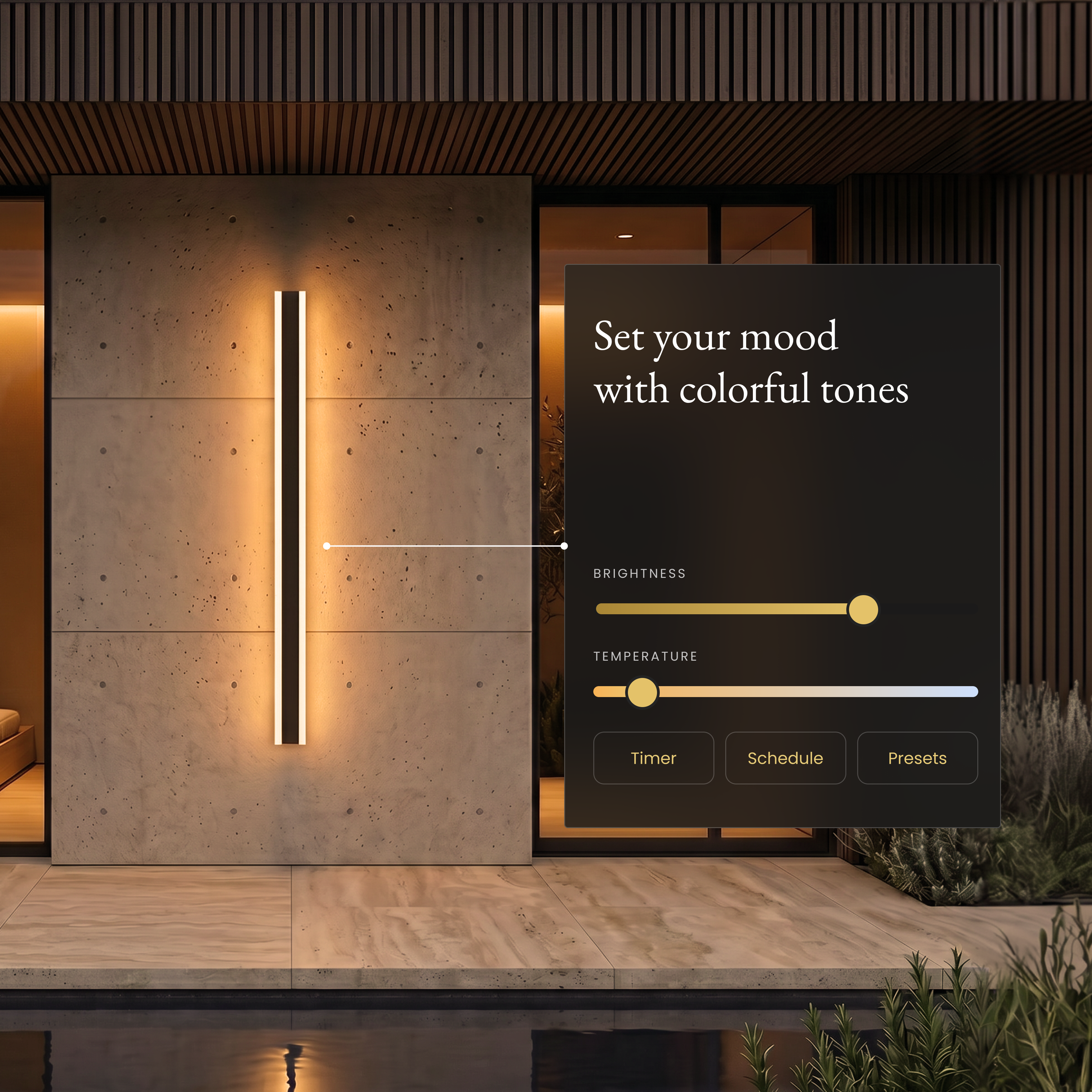 Haylen black LED bar light on an exterior wall with app color-tone settings panel for adjustable warmth