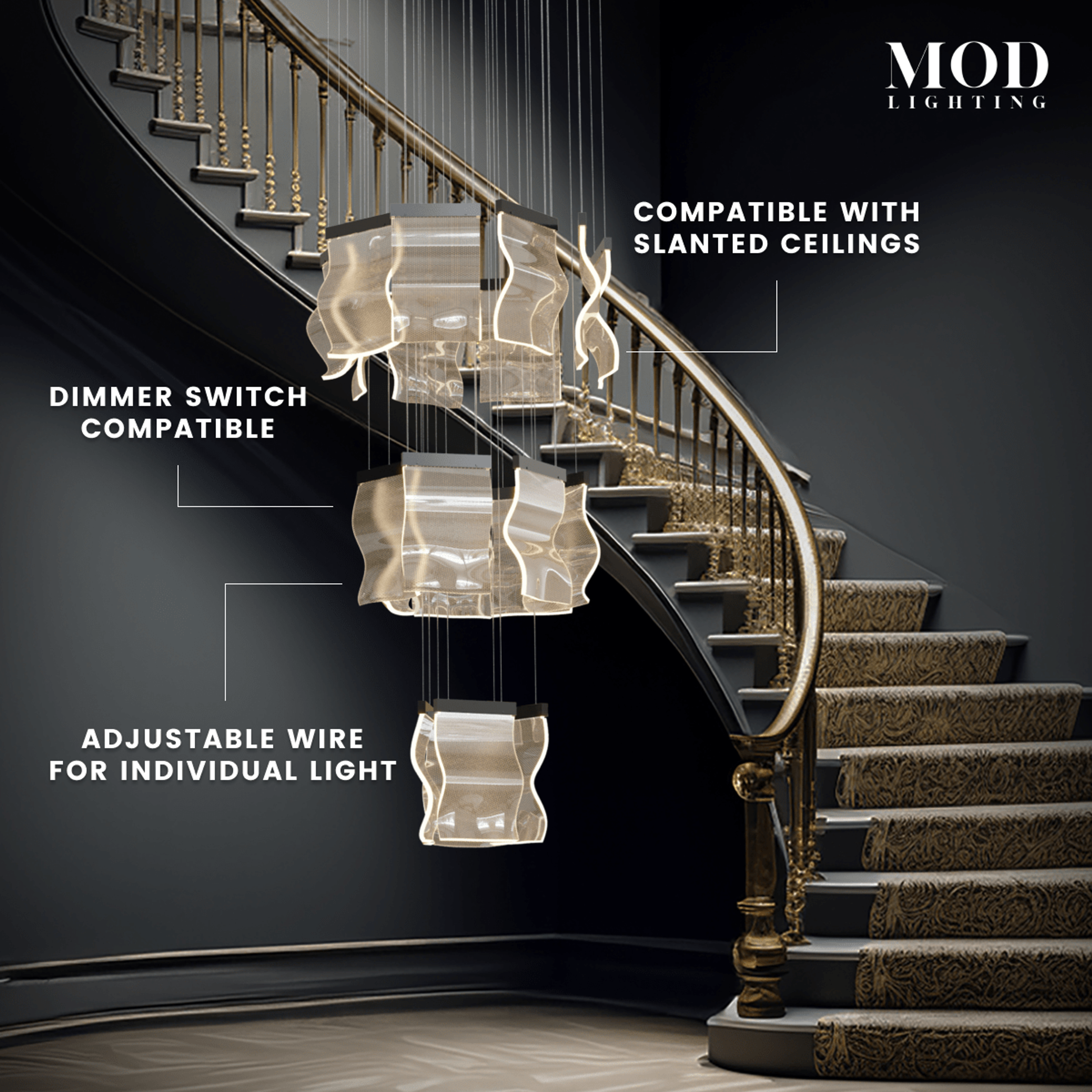 Helia cascading chandelier of ribbed glass panels descending a curved staircase, feature callouts