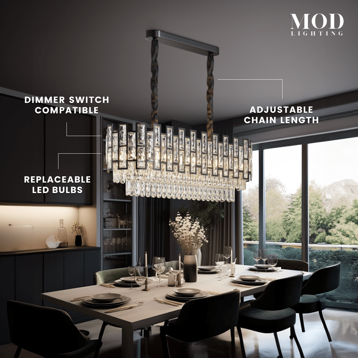 Raven black linear crystal pendant over a dining table, callouts: dimmer, replaceable LED bulbs, adjustable chain
