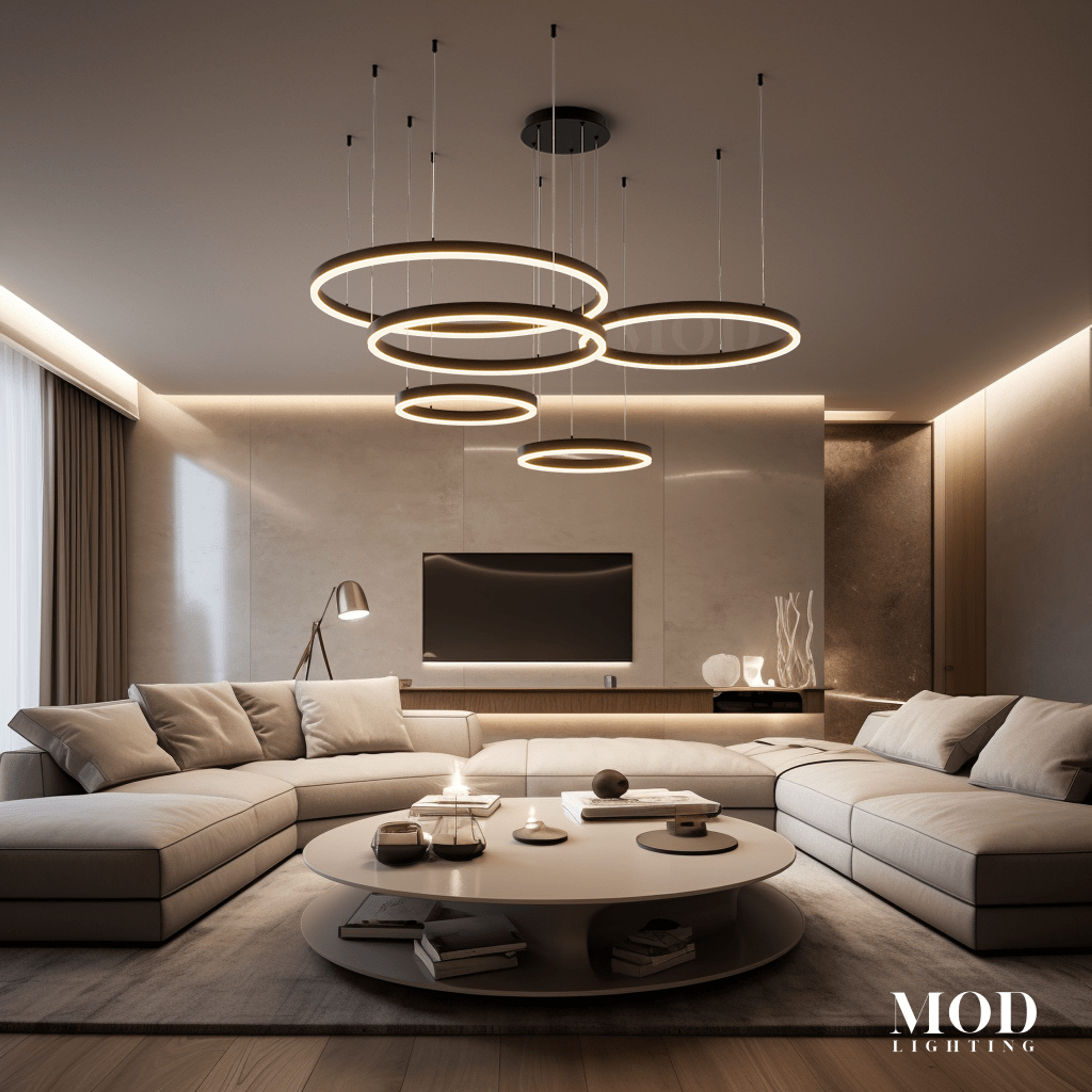 Charlotte gold LED ring chandelier, four stacked halos glowing over a sofa in a modern living room