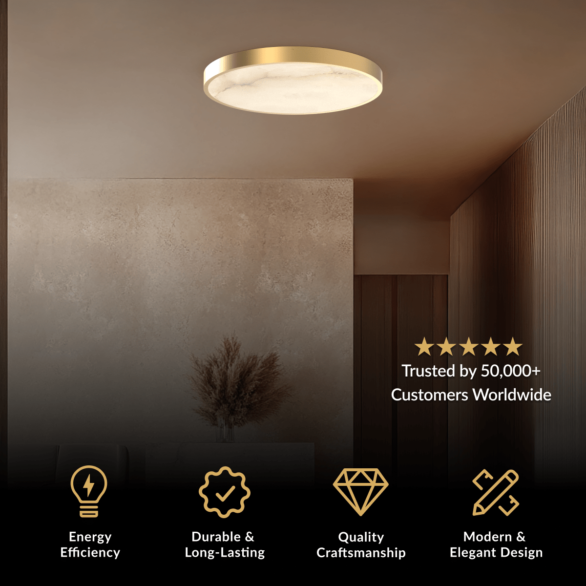 Celia ceiling light, round brushed gold flush mount with alabaster panel casting a warm glow