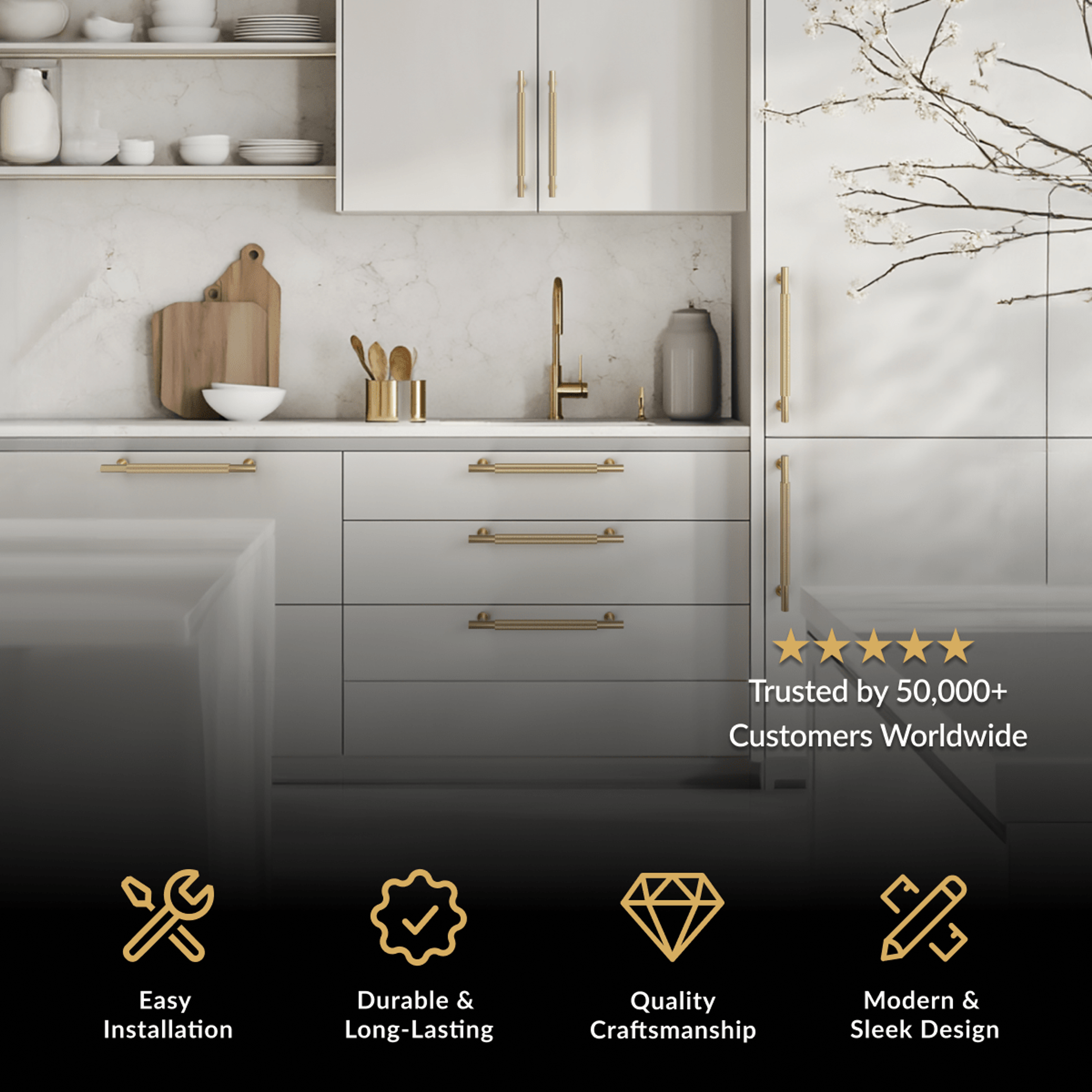 Wellesley Cabinet Pull in brushed gold on cream kitchen cabinets and drawers