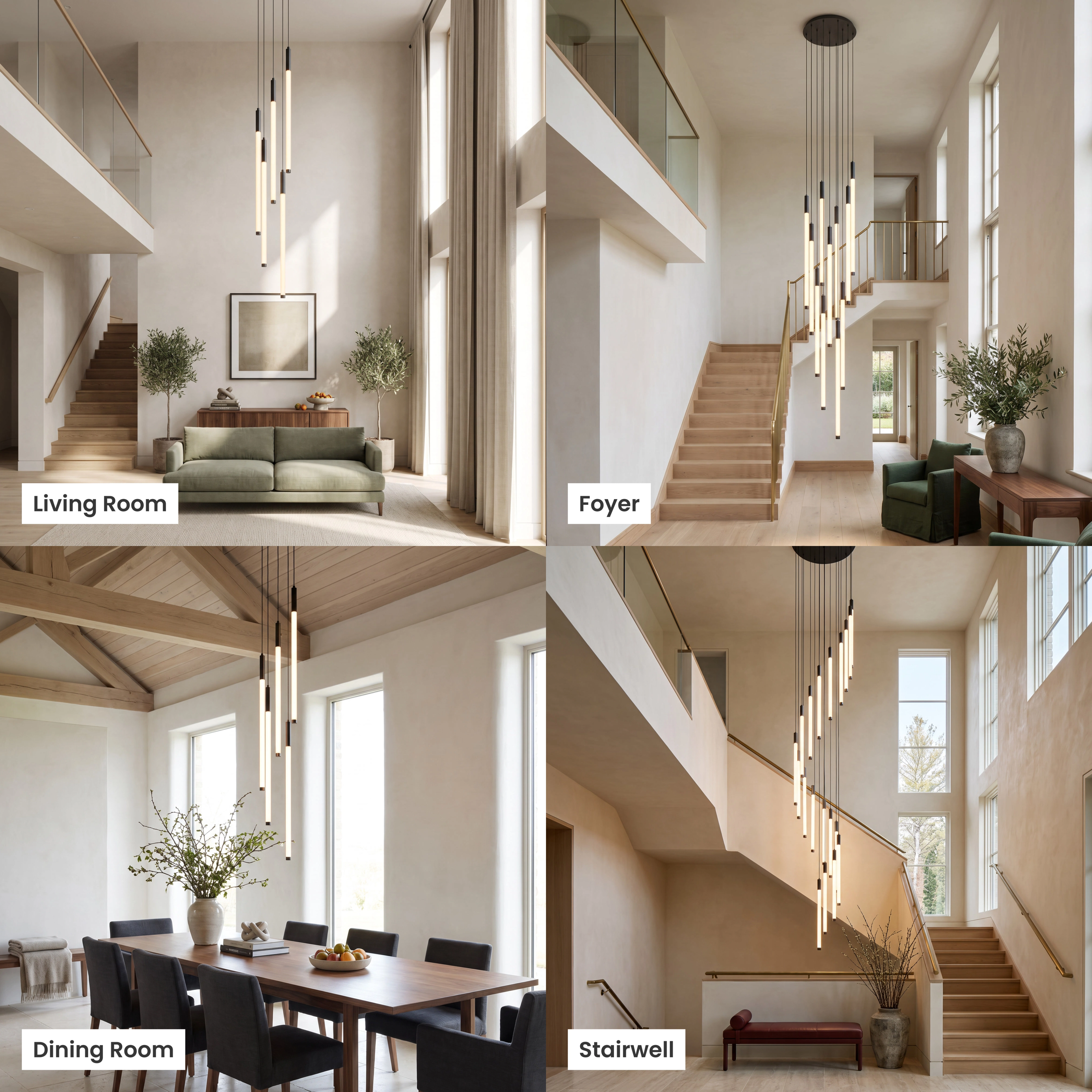 Kasper Smart chandelier shown in living room, foyer, dining room and stairwell settings