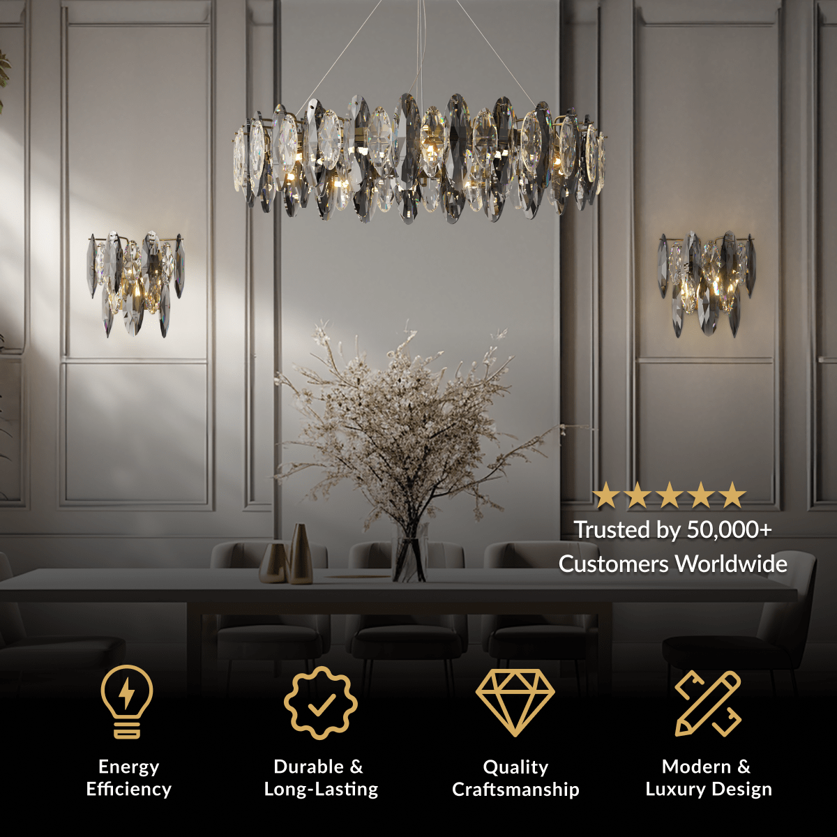 Celestial smoked-crystal chandelier with matching wall sconces over a dining table in a paneled room