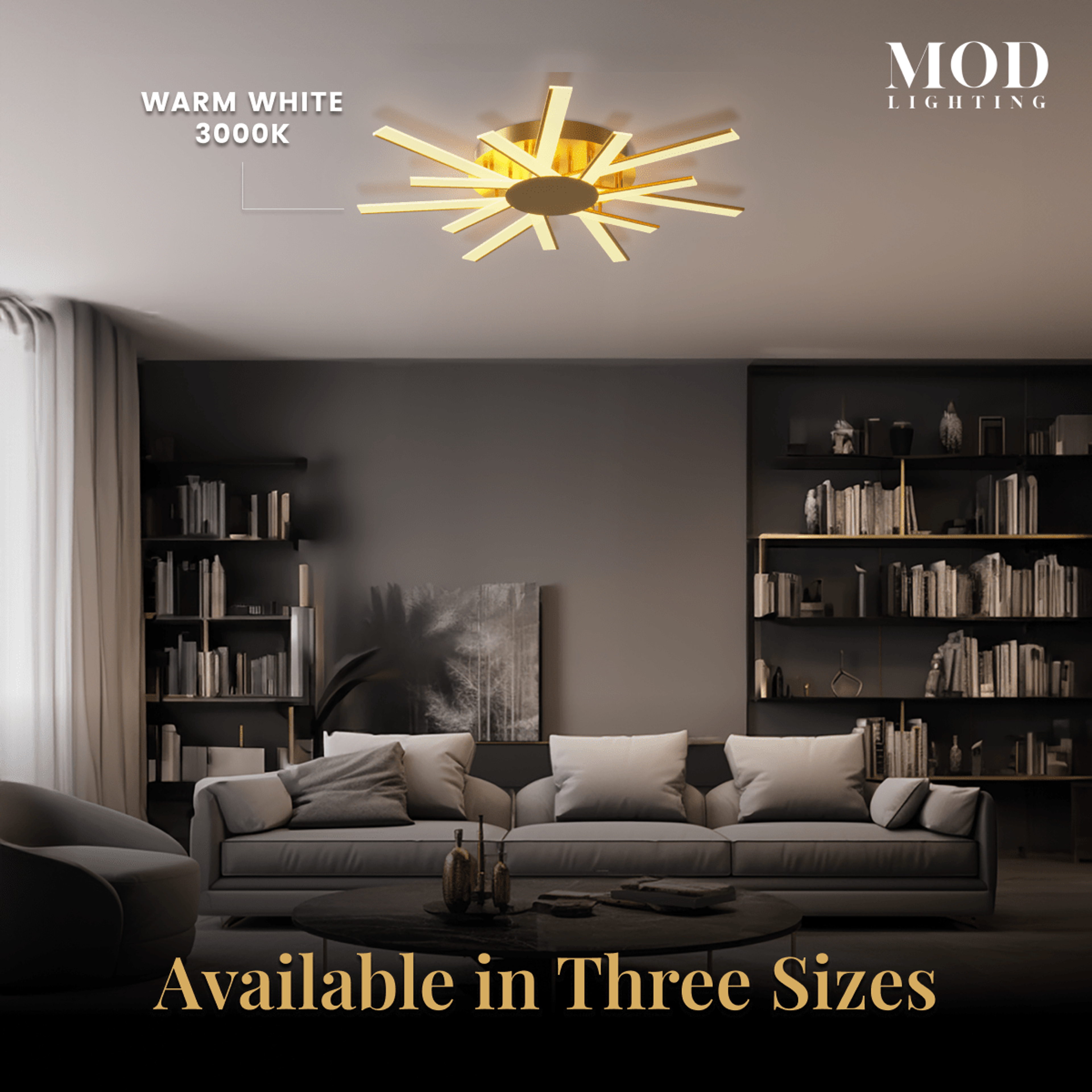 Sparkle ceiling light, gold sunburst LED fixture in a living room; available in three sizes