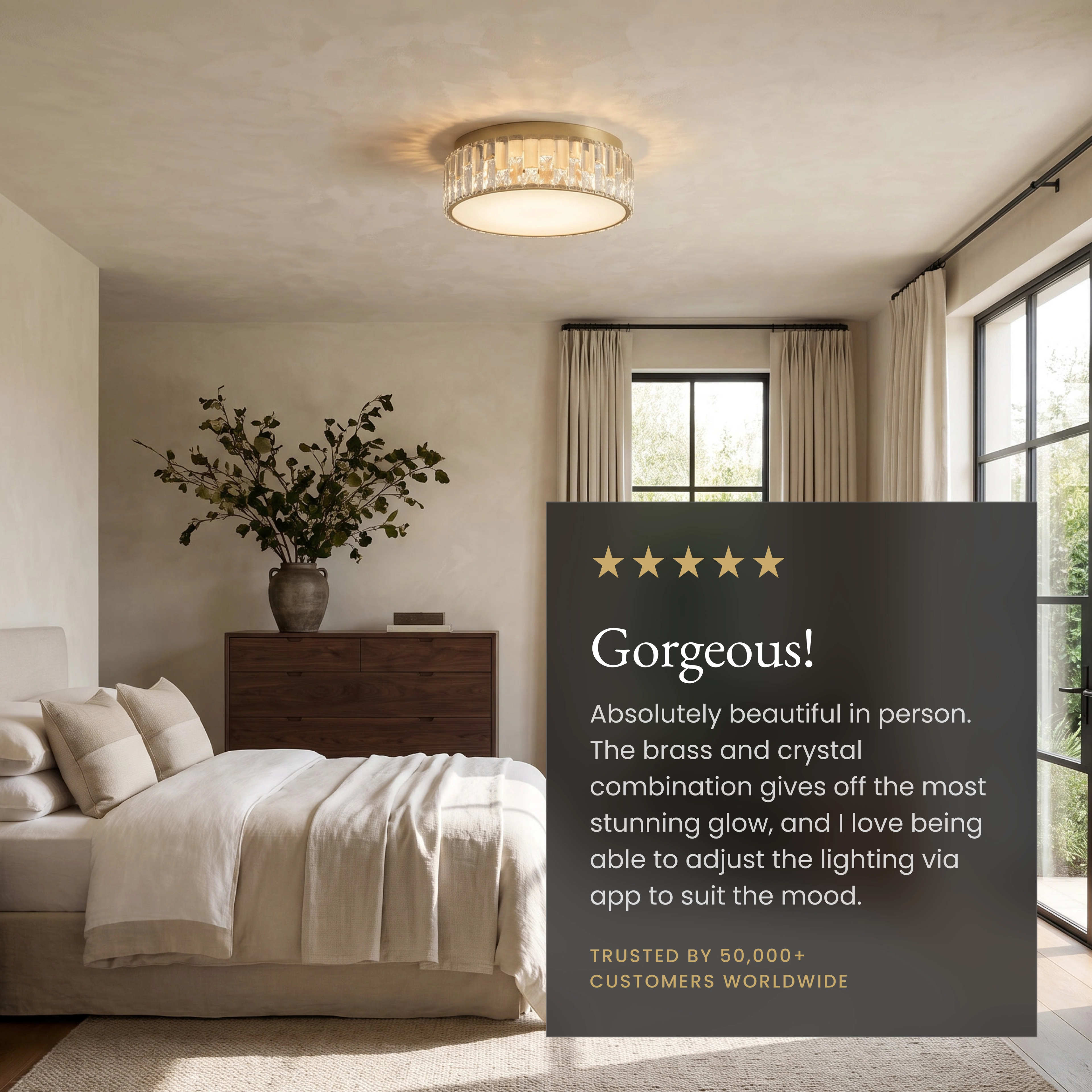 Elara Smart crystal flush mount ceiling light in a bedroom beside a five-star customer review