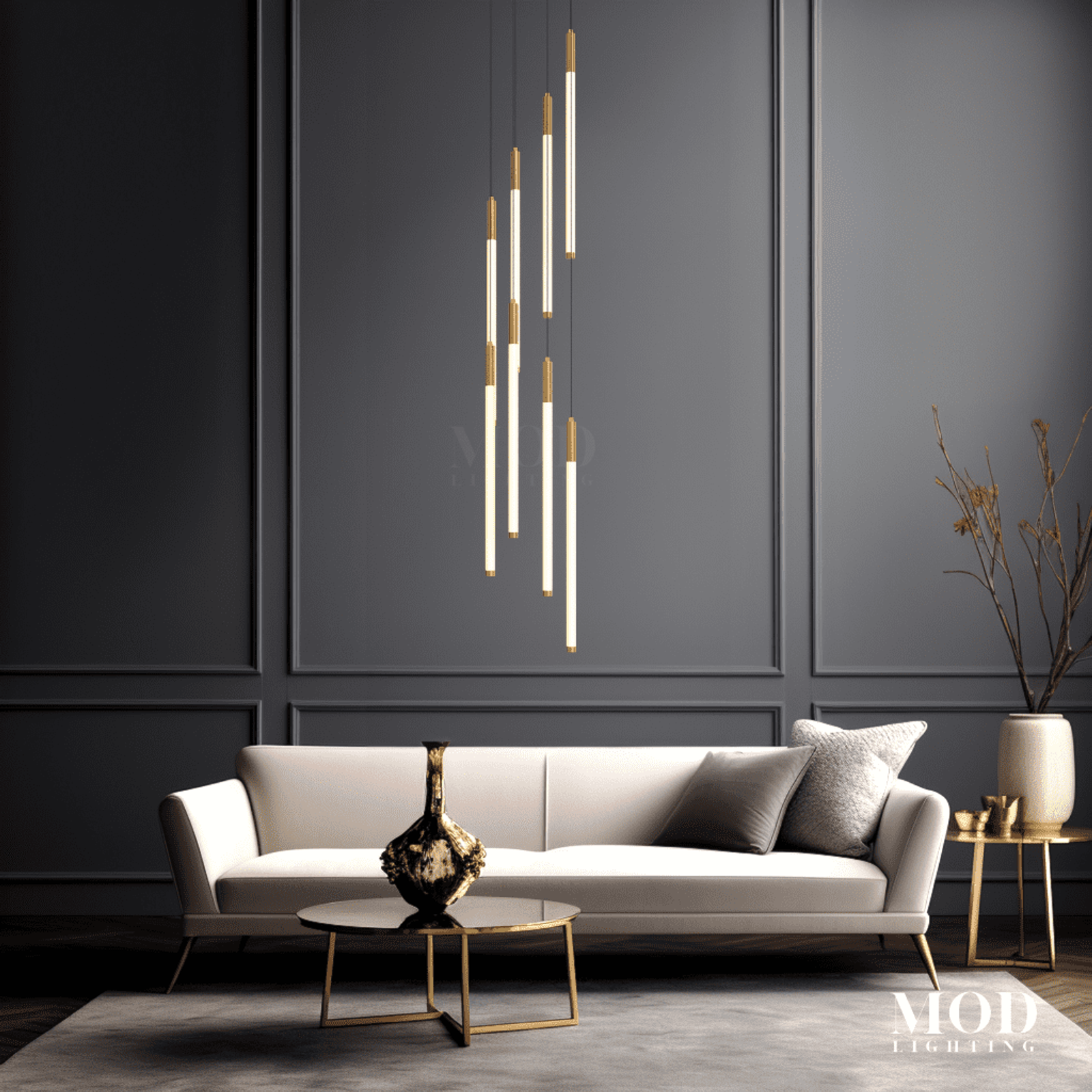 Kasper pendant, vertical cascade of thin gold and lit rods, above a white sofa on a dark wall