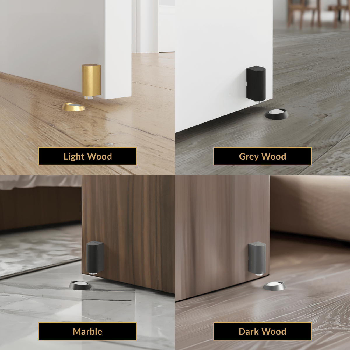 Cavo door stop shown by a door over light wood, grey wood, marble and dark wood floors