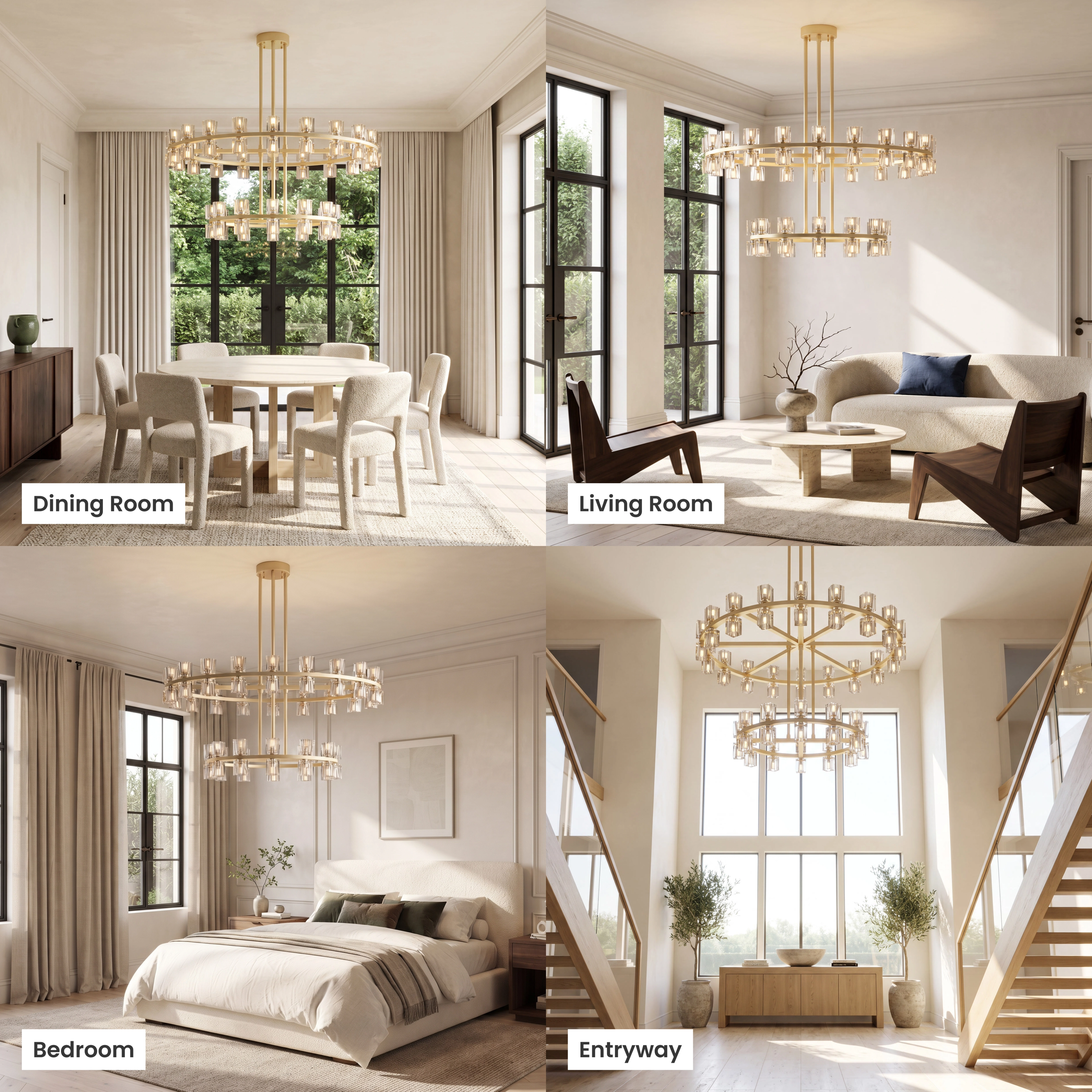 Sunset brass and crystal chandelier, two-tiered ring form, shown in a living room, dining, bedroom and lobby