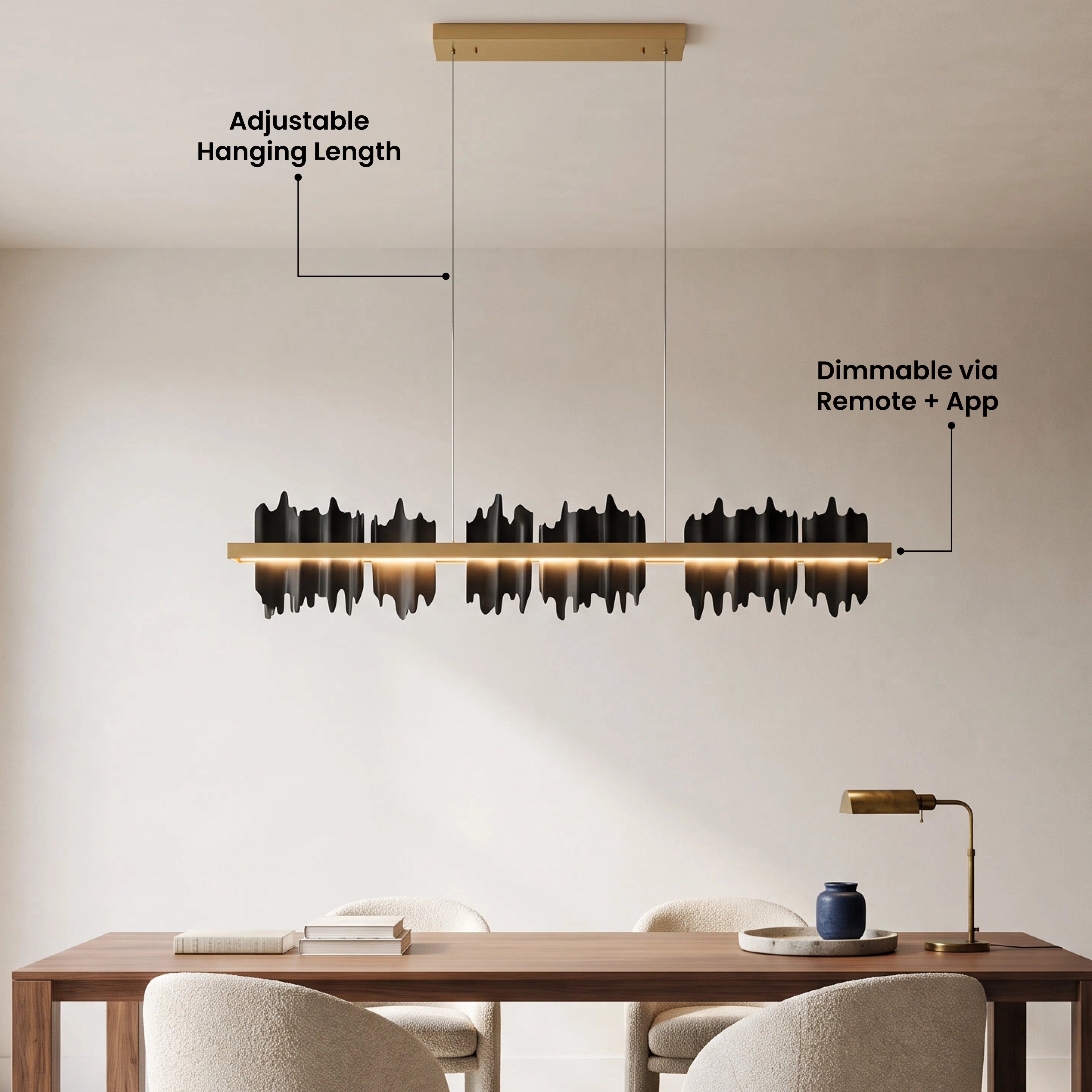 Black Aurelius Pendant Smart with callouts for adjustable hanging length and dimming by remote and app