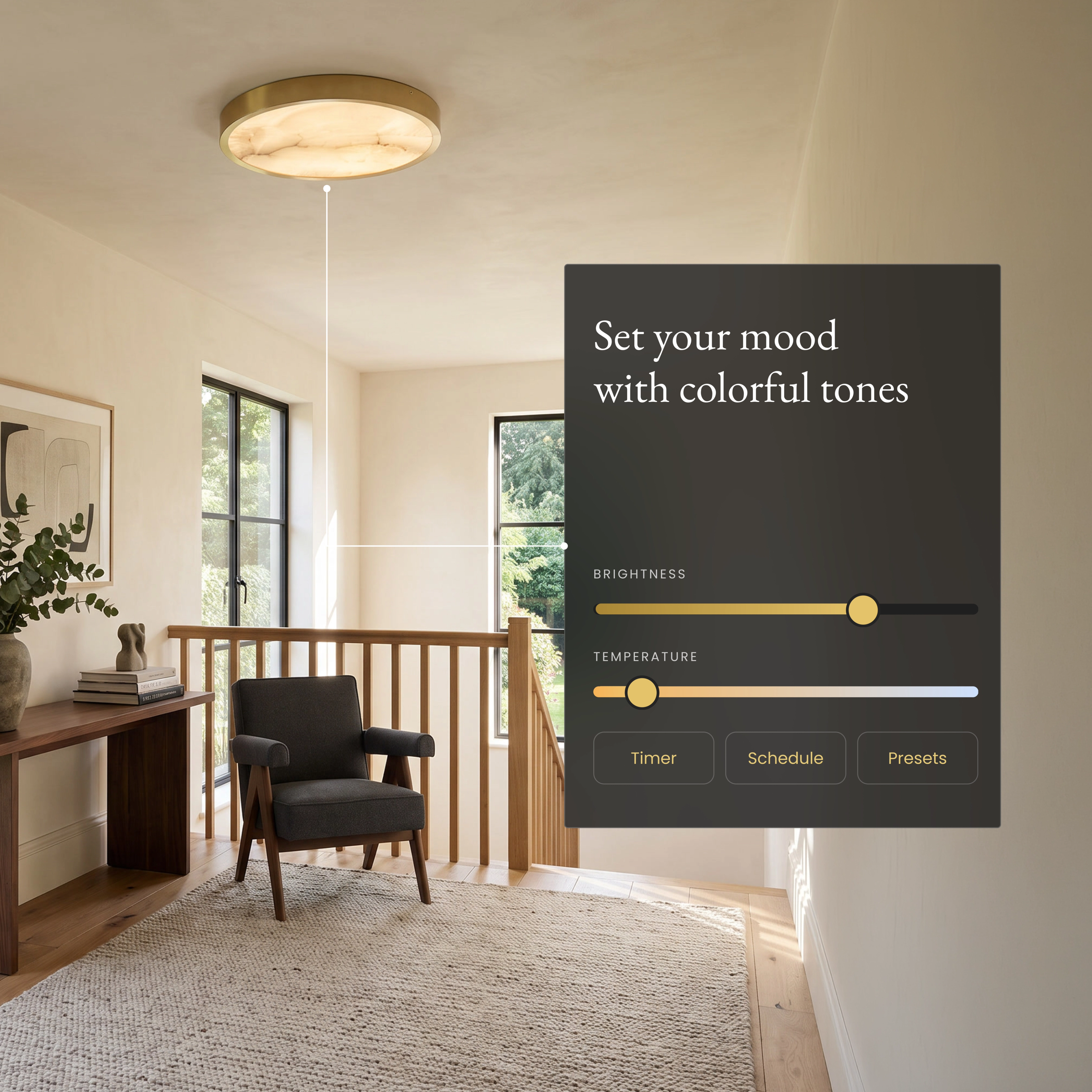 Celia Smart alabaster ceiling light on a landing beside an app panel for brightness and color temperature