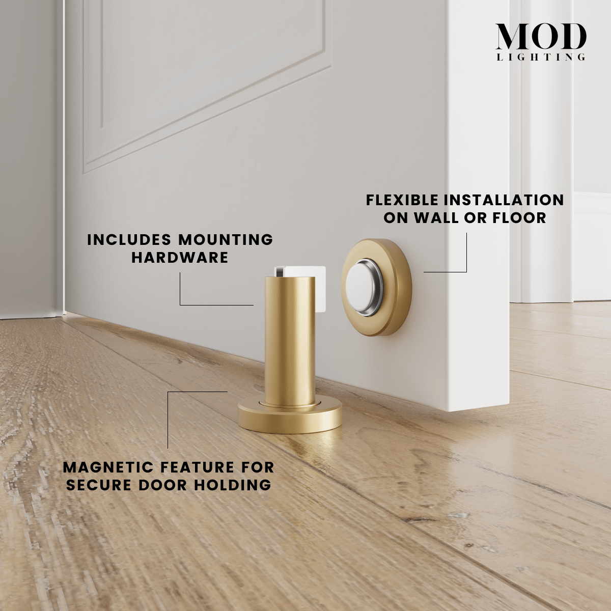 Avi brushed-gold magnetic door stop on a floor, noting mounting hardware and installation