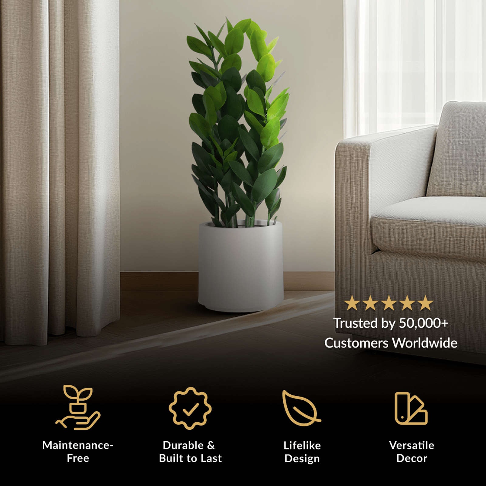 ZZ plant, artificial plant with glossy upright green leaves in a white cylindrical pot