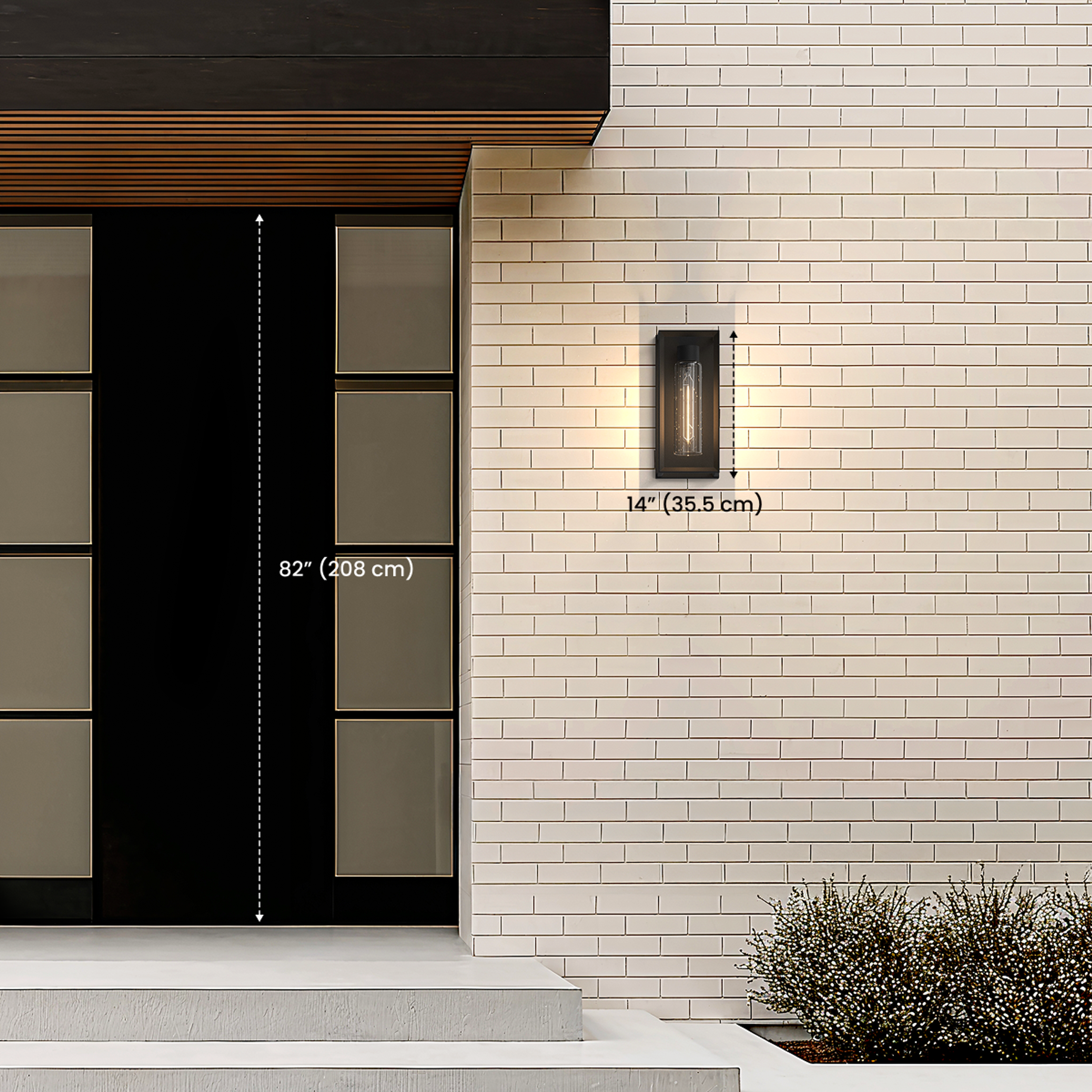 Lux black outdoor sconce dimension diagram on a door wall, fixture 14"/35.5cm beside an 82"/208cm door